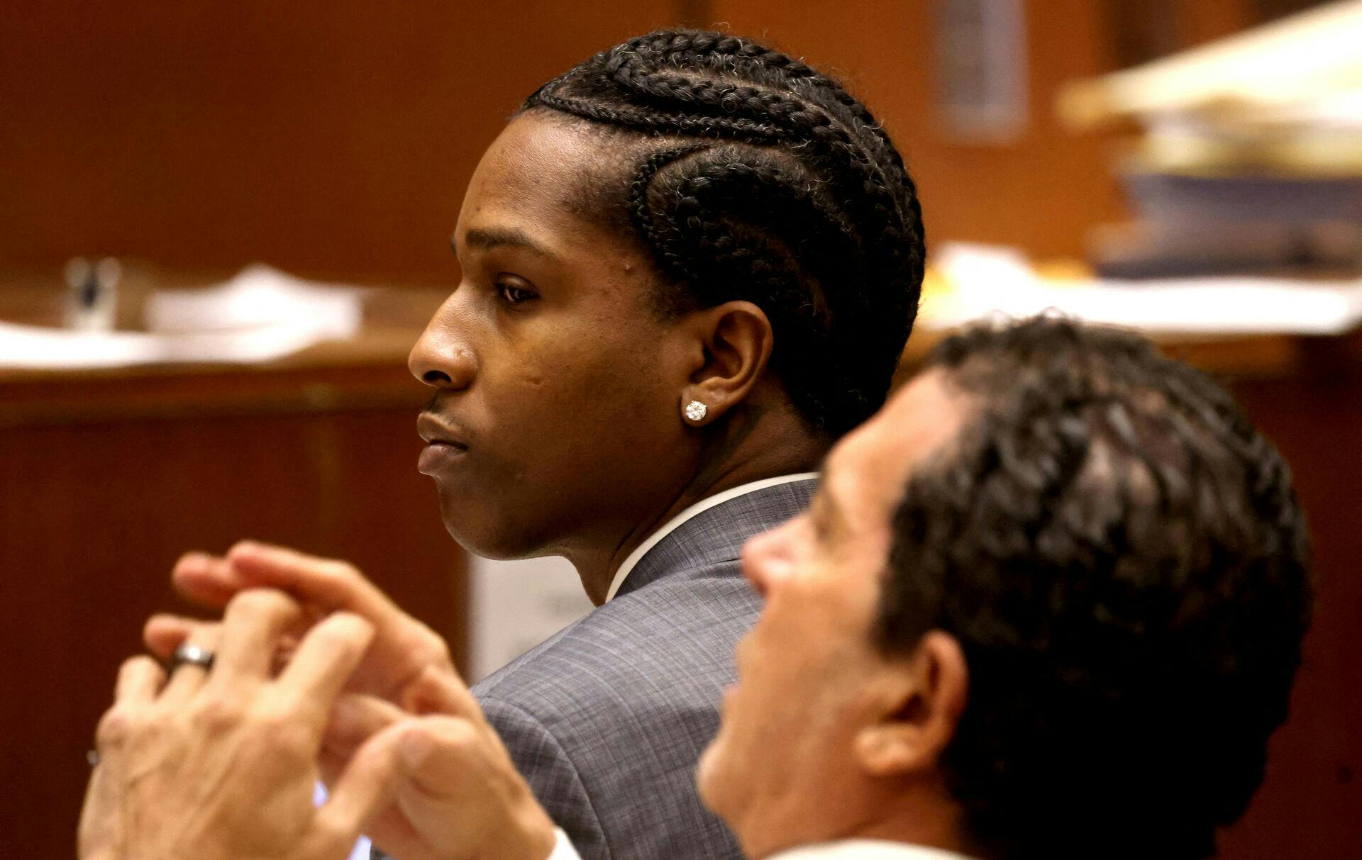 Rakim Mayers, a.k.a. A$AP Rocky, and his attorney Joe Tacopina listen to opening remarks by prosecuting attorney in Mayer's trial at the Clara Shortridge Foltz Criminal Justice Center in downtown Los Angeles, California, U.S., January 24, 2025. Genaro Molina/Pool via REUTERS