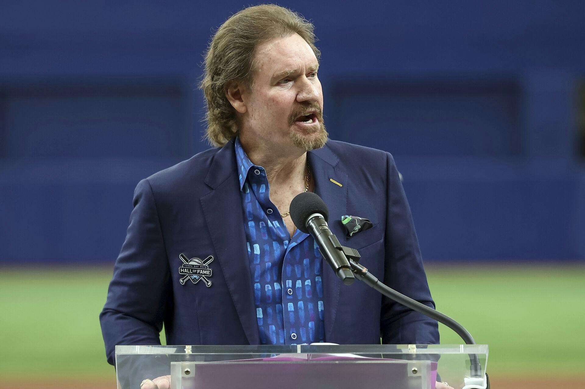 Wade Boggs speaks during his induction into the Tampa Bay Rays Hall of Fame prior to a baseball game, Sunday, July 9, 2023, in St. Petersburg, Fla. (AP Photo/Mike Carlson)