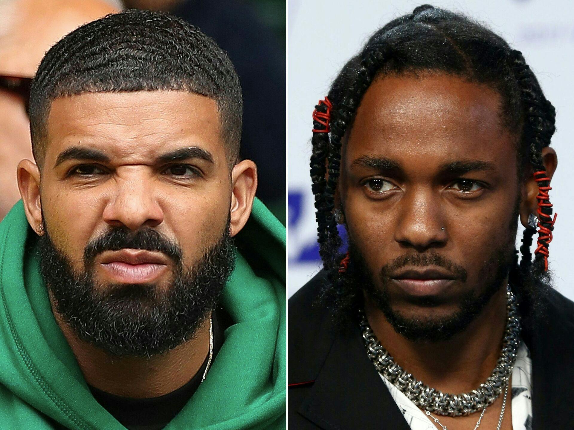 Rapperfejden mellem Kendrick Lamar (th.) og Drake (tv.) fortsatte til nattens Super Bowl.