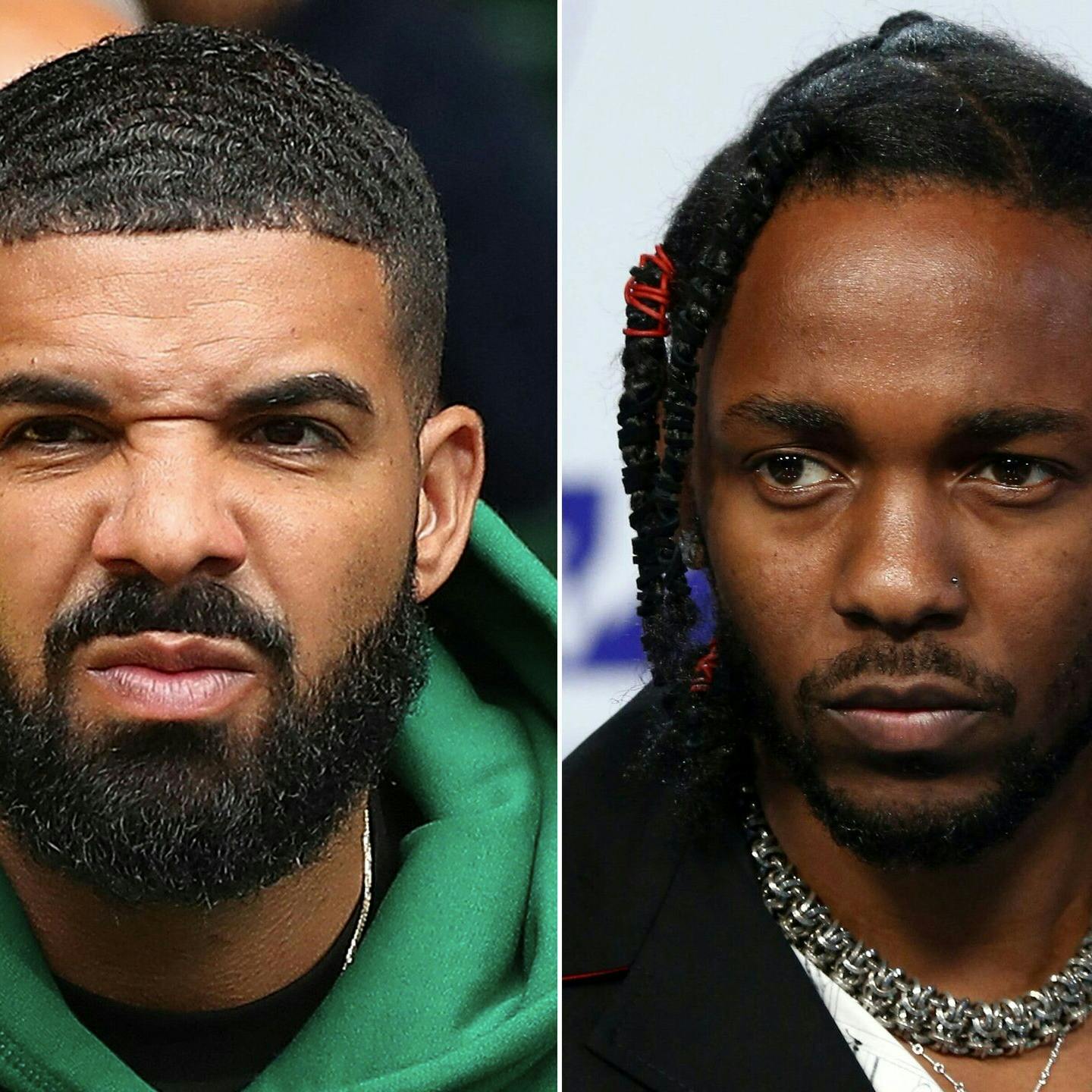 Rapperfejden mellem Kendrick Lamar (th.) og Drake (tv.) fortsatte til nattens Super Bowl.