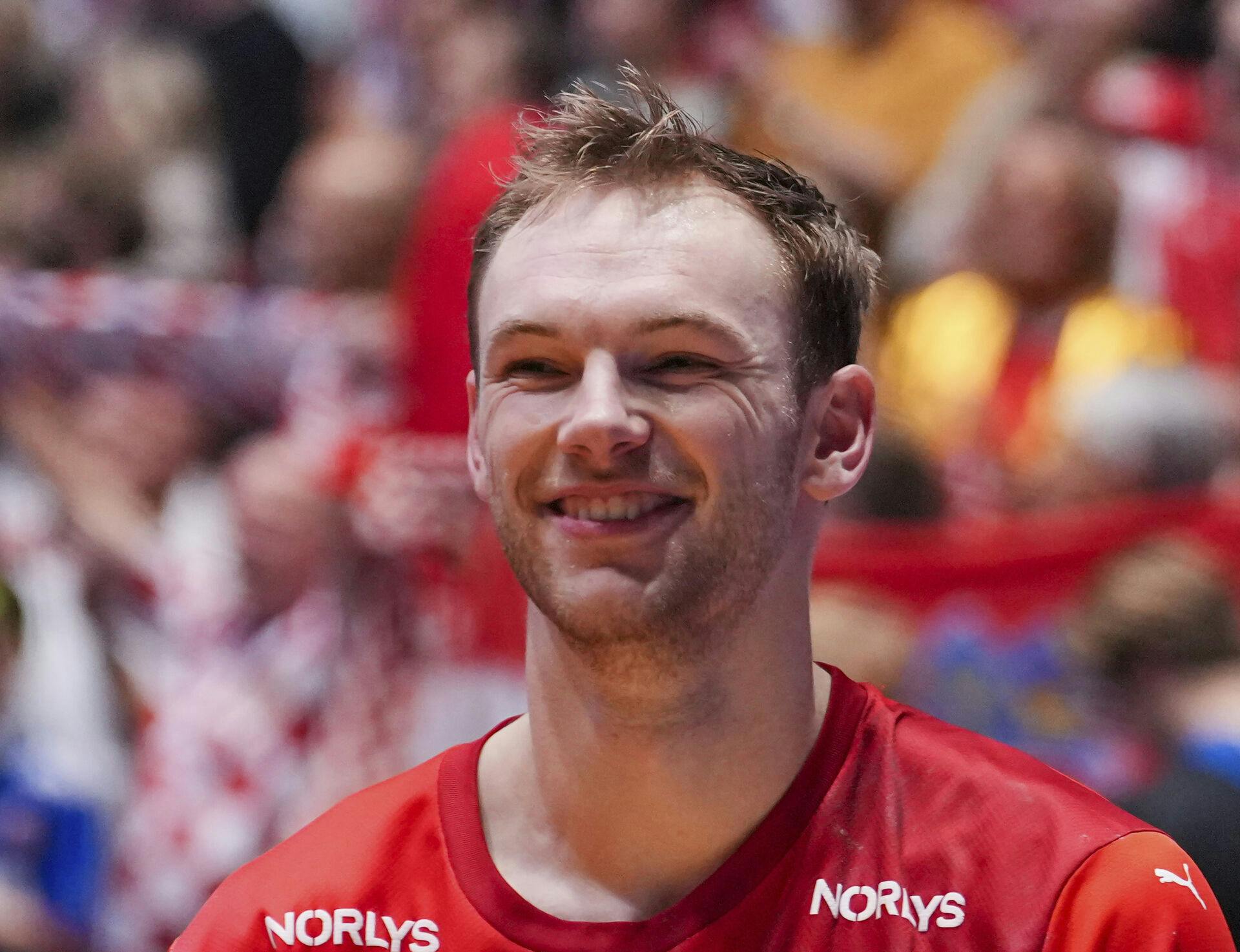 02 February 2025, Norway, Oslo: Handball: World Championship, Croatia - Denmark, Final round, Final, Unity Arena, Denmark's Mathias Gidsel laughs after the game. Photo by: Soeren Stache/picture-alliance/dpa/AP Images