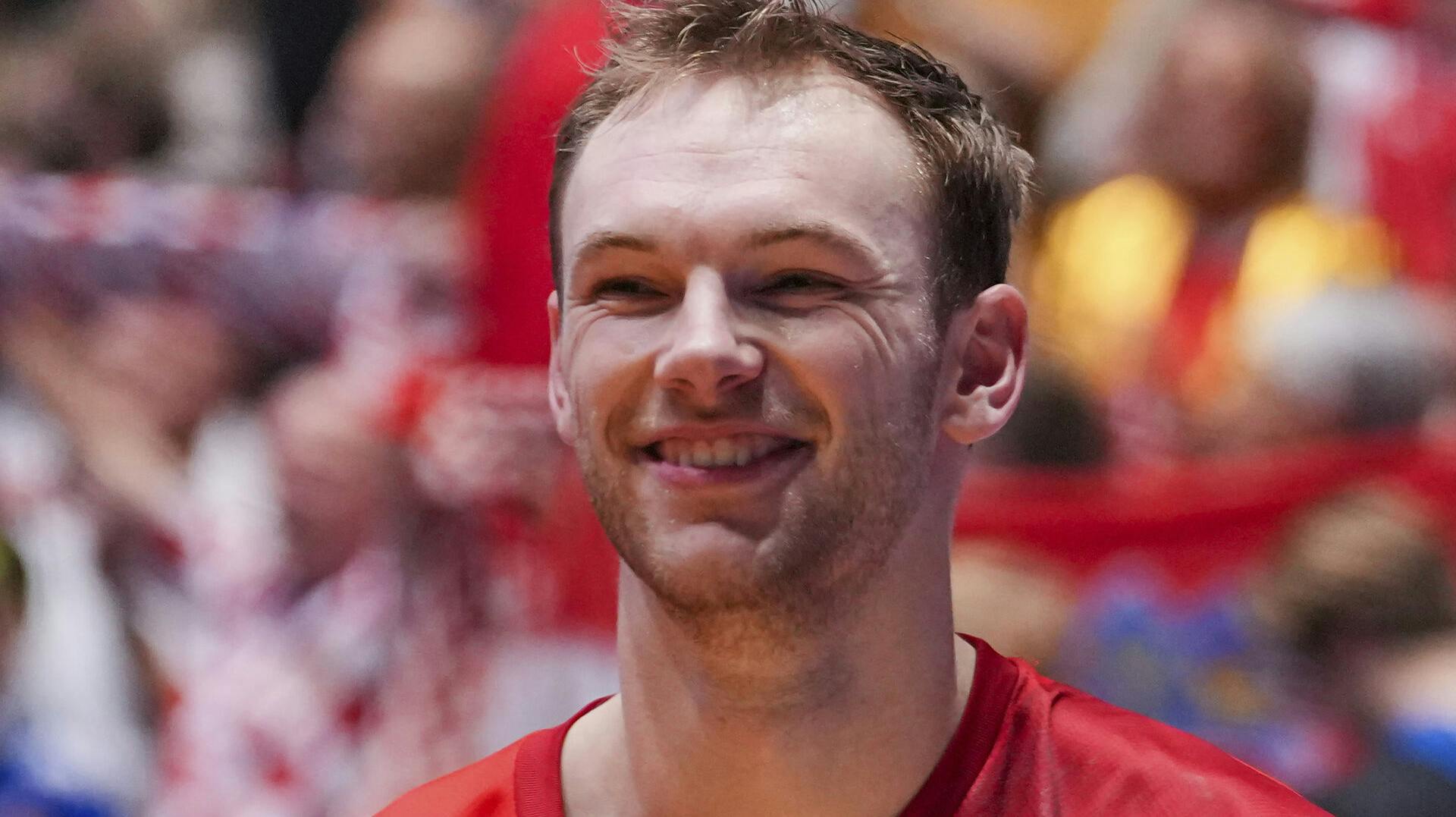 02 February 2025, Norway, Oslo: Handball: World Championship, Croatia - Denmark, Final round, Final, Unity Arena, Denmark's Mathias Gidsel laughs after the game. Photo by: Soeren Stache/picture-alliance/dpa/AP Images