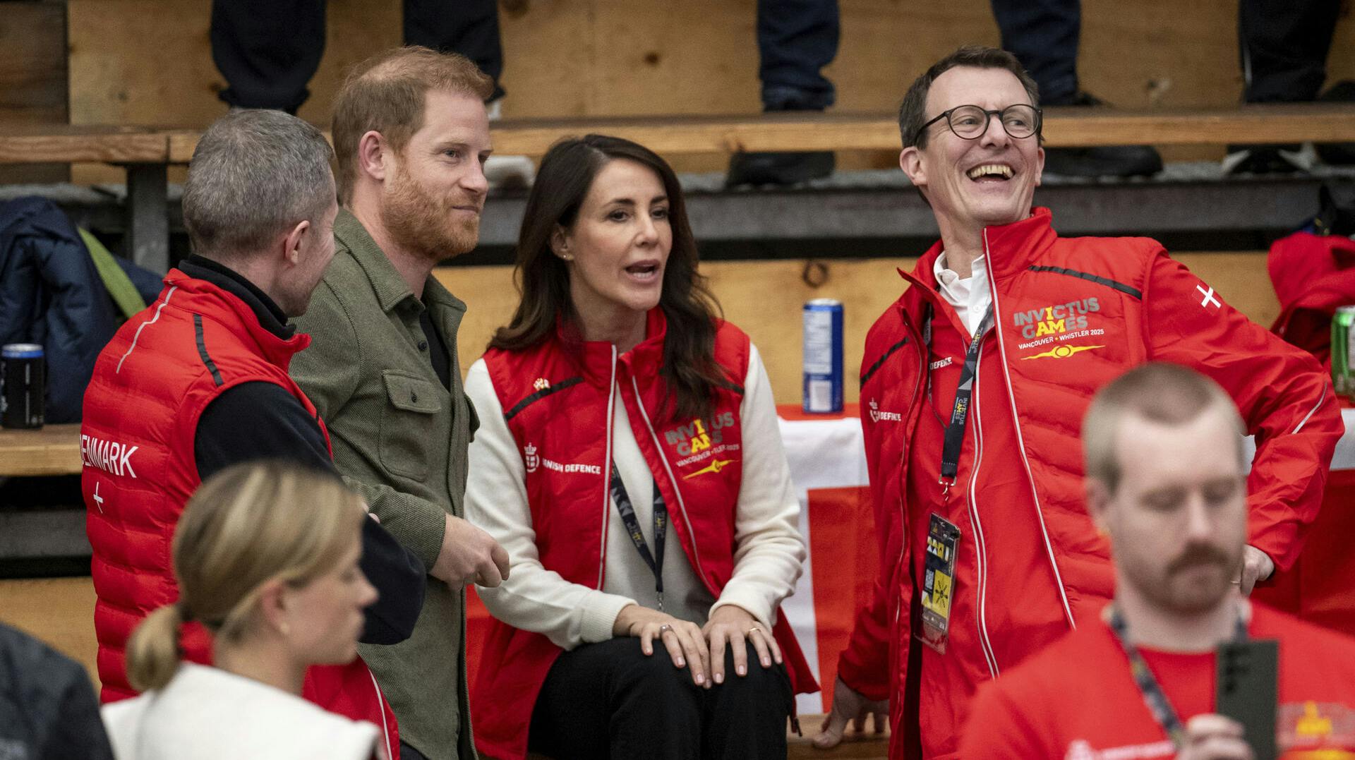 Prince Harry, the Duke of Sussex, meets with Denmark's Princess Marie and Prince Joachim during Sitting Volleyball at the 2025 Invictus Games, in Vancouver, on Saturday, Feb. 15, 2025. (Ethan Cairns/The Canadian Press via AP)