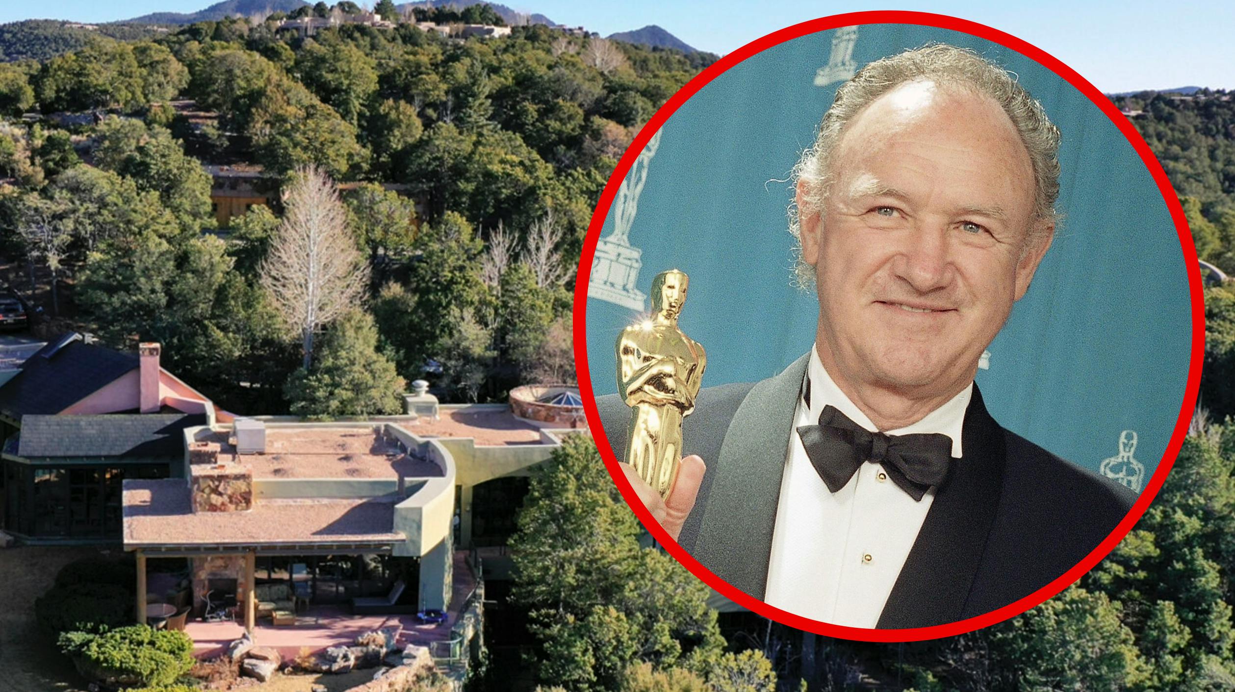 Det var i huset her, at Hackman og hans kone blev fundet døde forleden. Nu er der nyt i sagen, som kaster lys over, hvor længe han og måske hun har ligget der, før de blev fundet sammen med en af deres døde hunde. To andre overlevede.