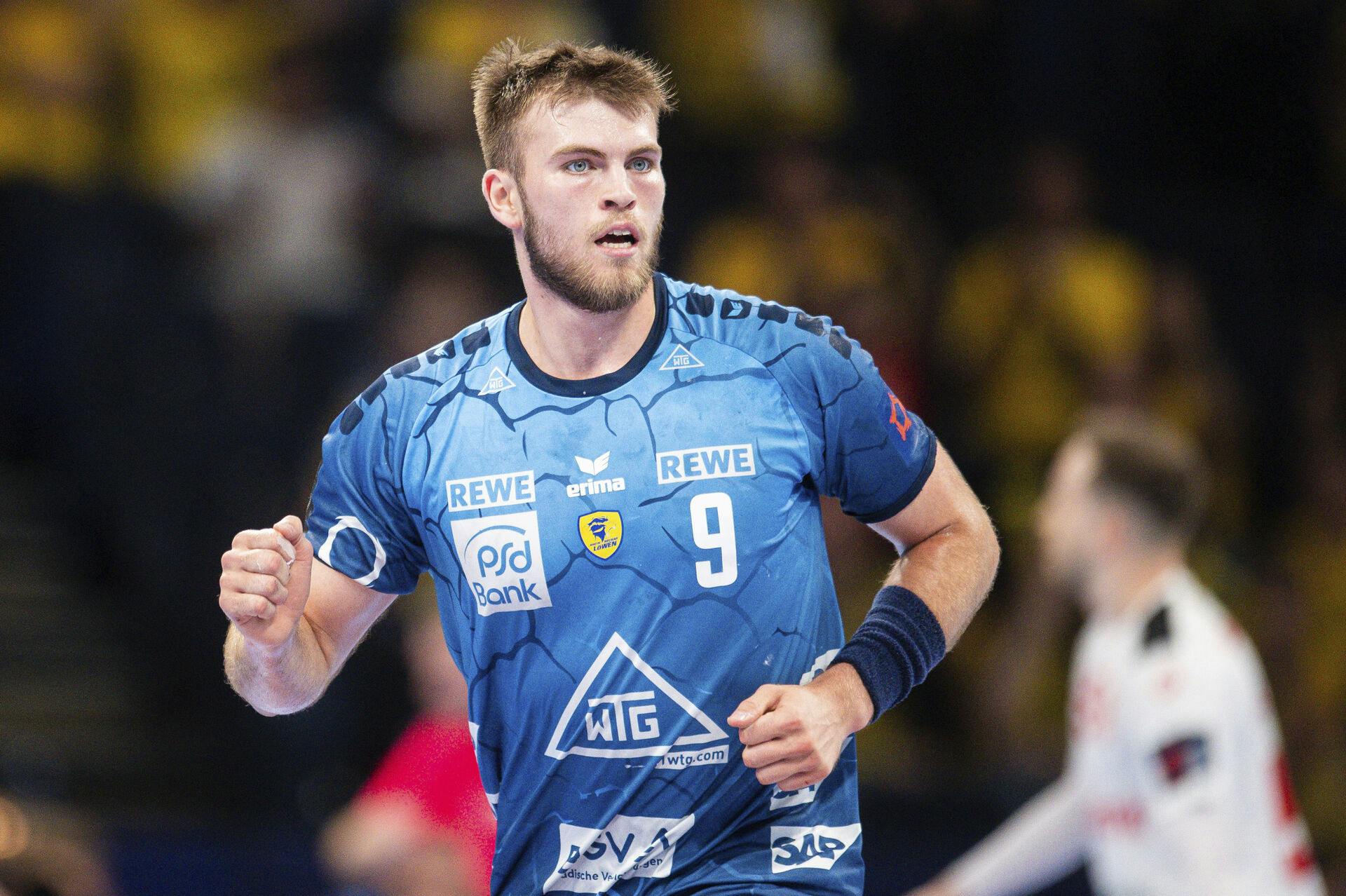 26 May 2024, Hamburg: Handball: EHF European League, Rhein Neckar L'wen - Dinamo Bucharest, Final Four, match for 3rd place, Barclays Arena. Steven Plucnar Jacobsen celebrates after scoring a goal. Photo by: Noah Wedel/picture-alliance/dpa/AP Images