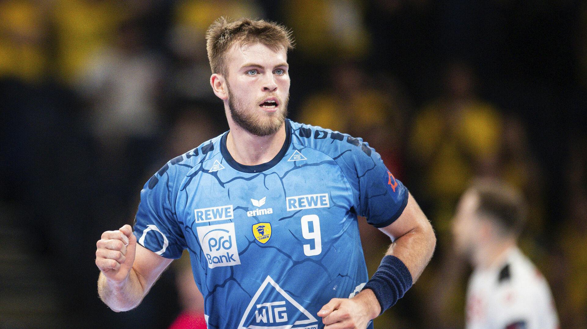 26 May 2024, Hamburg: Handball: EHF European League, Rhein Neckar L'wen - Dinamo Bucharest, Final Four, match for 3rd place, Barclays Arena. Steven Plucnar Jacobsen celebrates after scoring a goal. Photo by: Noah Wedel/picture-alliance/dpa/AP Images