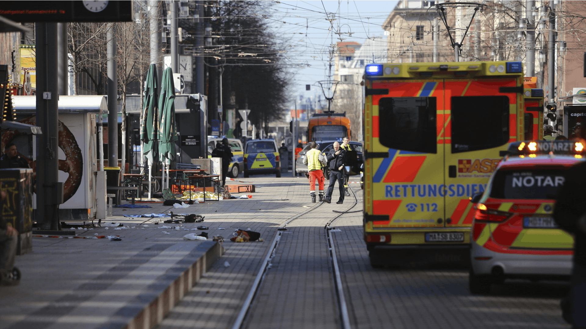 Emergency services and police stand at Paradeplatz in Mannheim, Germany, after a serious incident, Monday March 3, 2025. (Dieter Leder/dpa via AP)