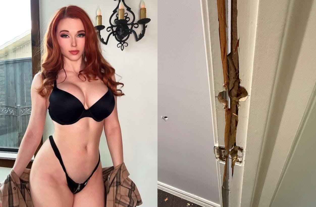 Modellen Amouranth har blandt andet postet fotos af en dør, som overfaldsmændene angiveligt skød på og sparkede ind.&nbsp;