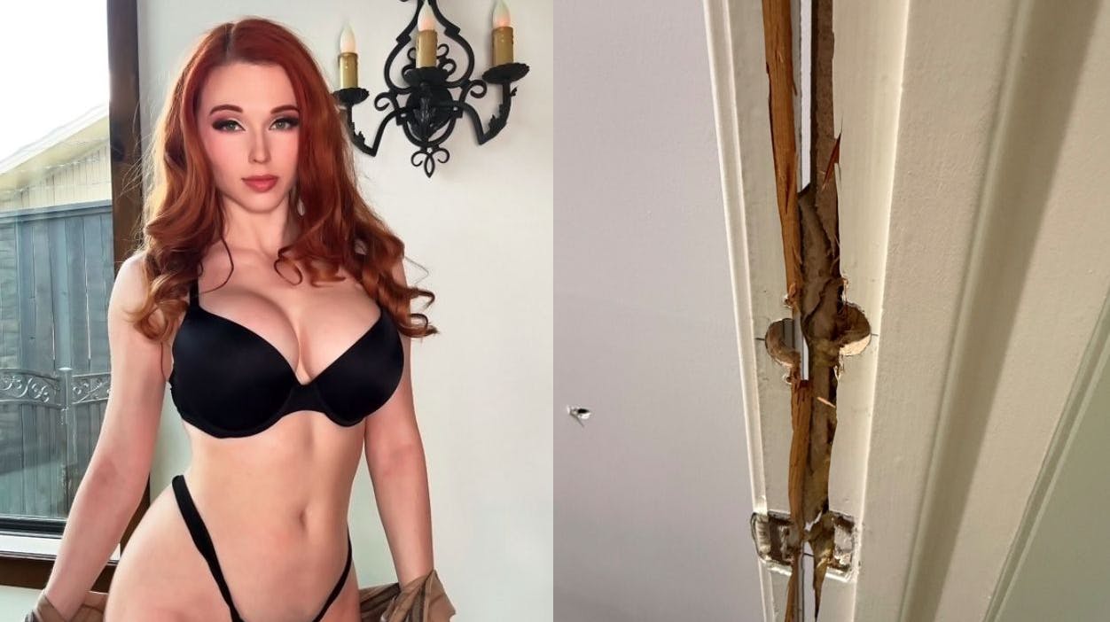 Modellen Amouranth har blandt andet postet fotos af en dør, som overfaldsmændene angiveligt skød på og sparkede ind. 