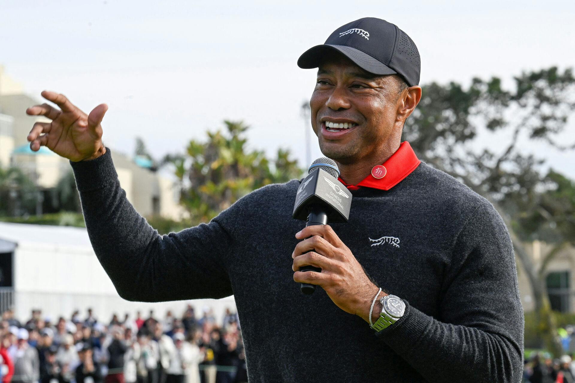 FILE PHOTO: Feb 16, 2025; San Diego, California, USA; Tiger Woods speaks at The Genesis Invitational golf tournament at Torrey Pines. Mandatory Credit: Denis Poroy-Imagn Images/File Photo