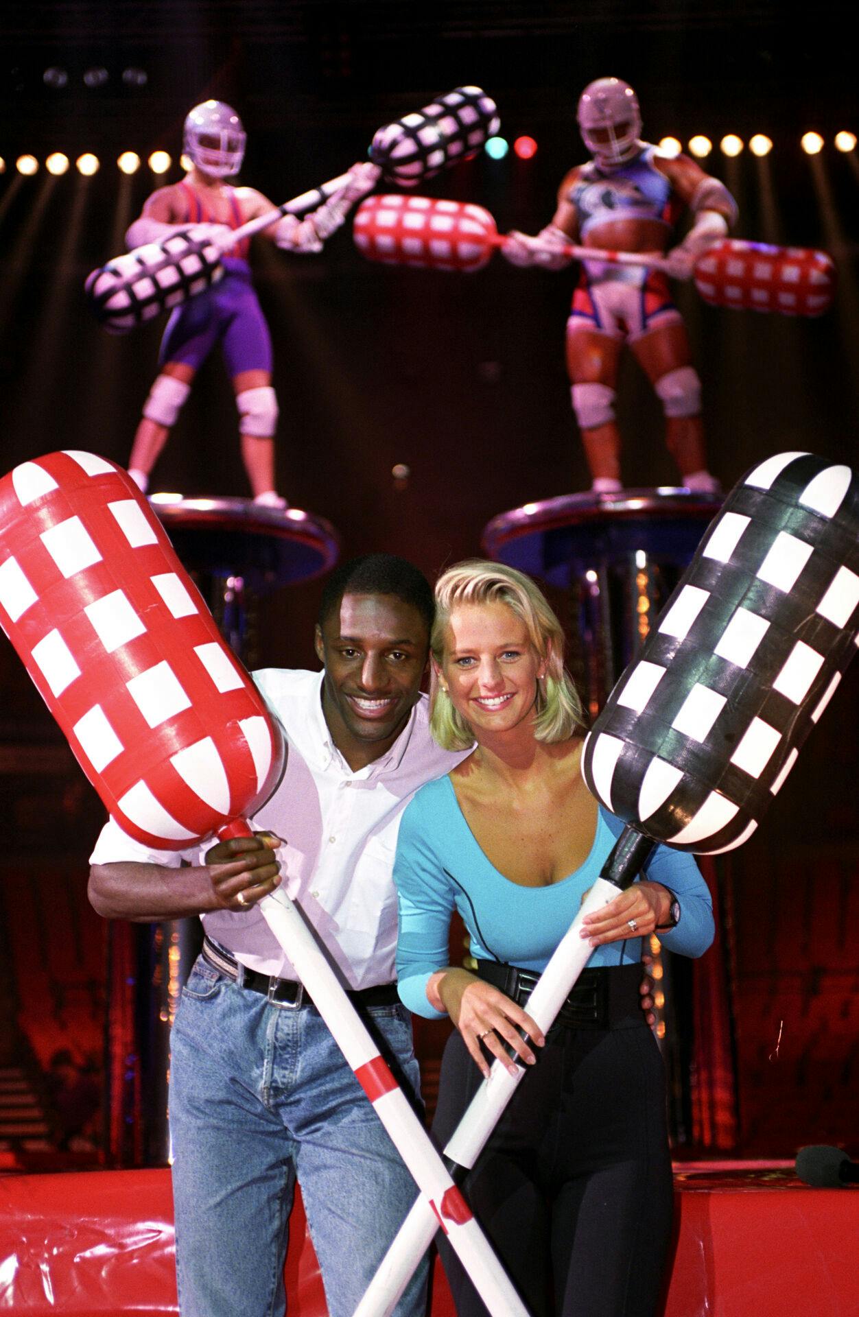 'Gladiators'. Ulrika Jonsson and John Fashanu, hosts to new LWT show 'Gladiators' being recorded at the NIA Birmingham. Copyright notice: PA Archive/Press Association Images