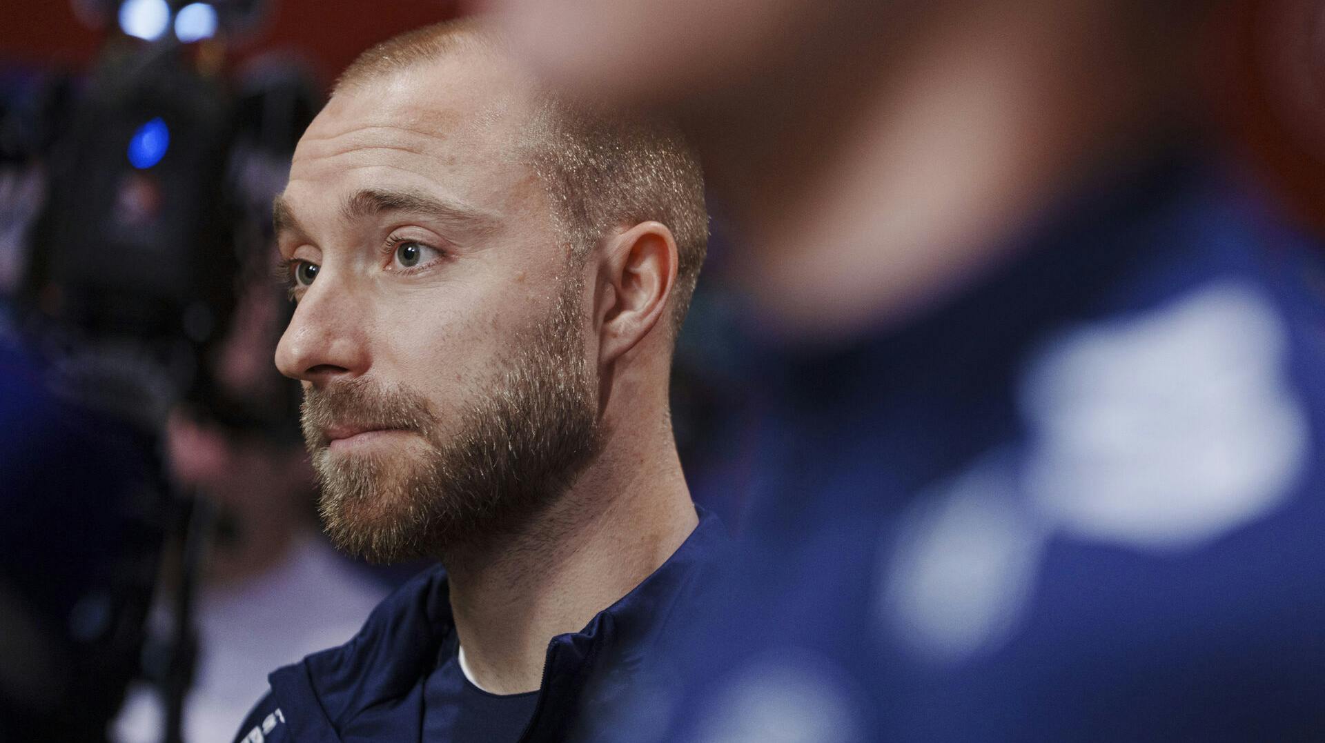 Christian Eriksen under fodboldlandsholdets mixed zone i Helsingør tirsdag den 18. marts 2025. Danmark skal spille to playoff Nations League-kampe mod Portugal.. (Foto: Liselotte Sabroe/Ritzau Scanpix)