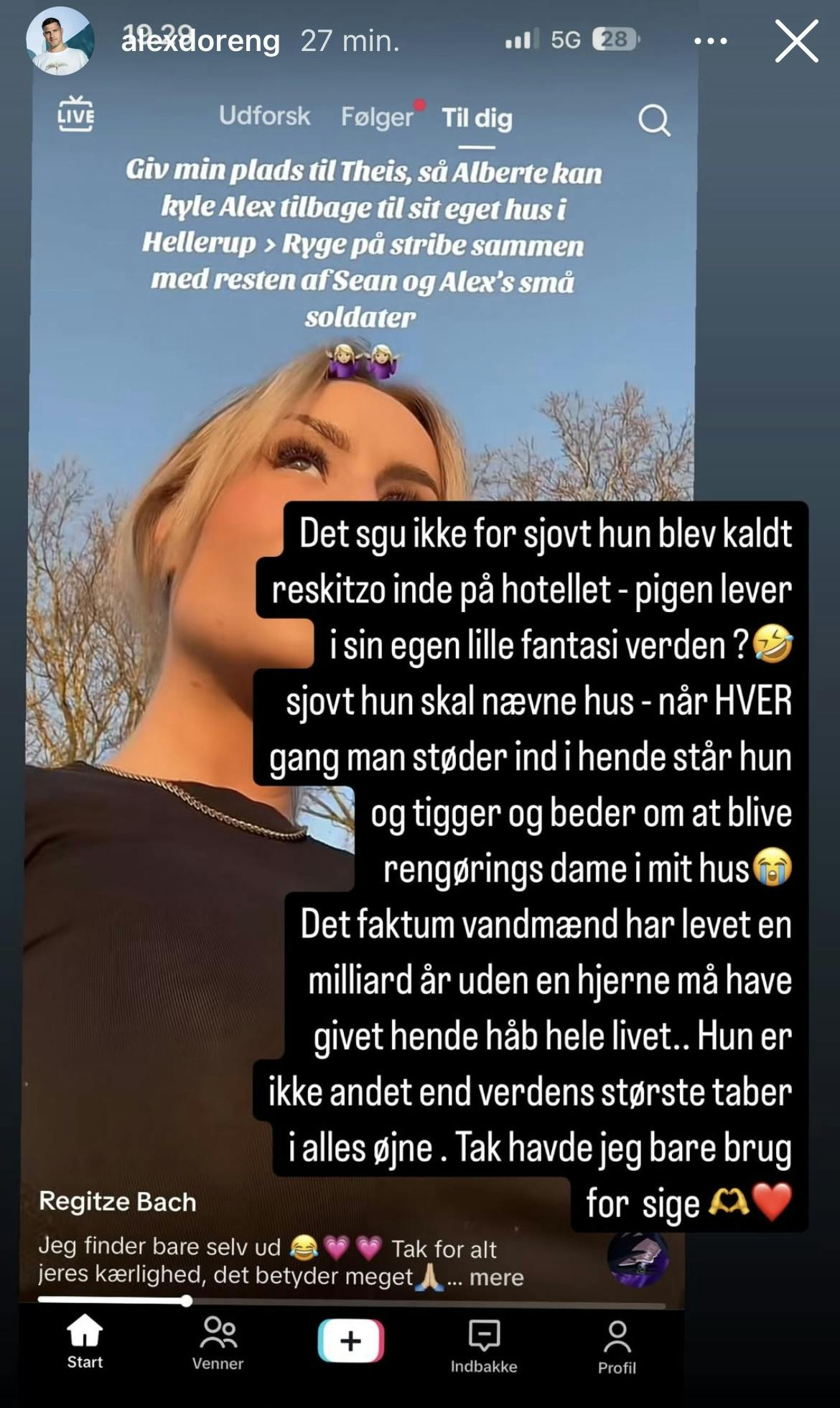 Regitze Bachs story er i baggrunden, mens Alex Dorengs svar er teksten med sort baggrund.
