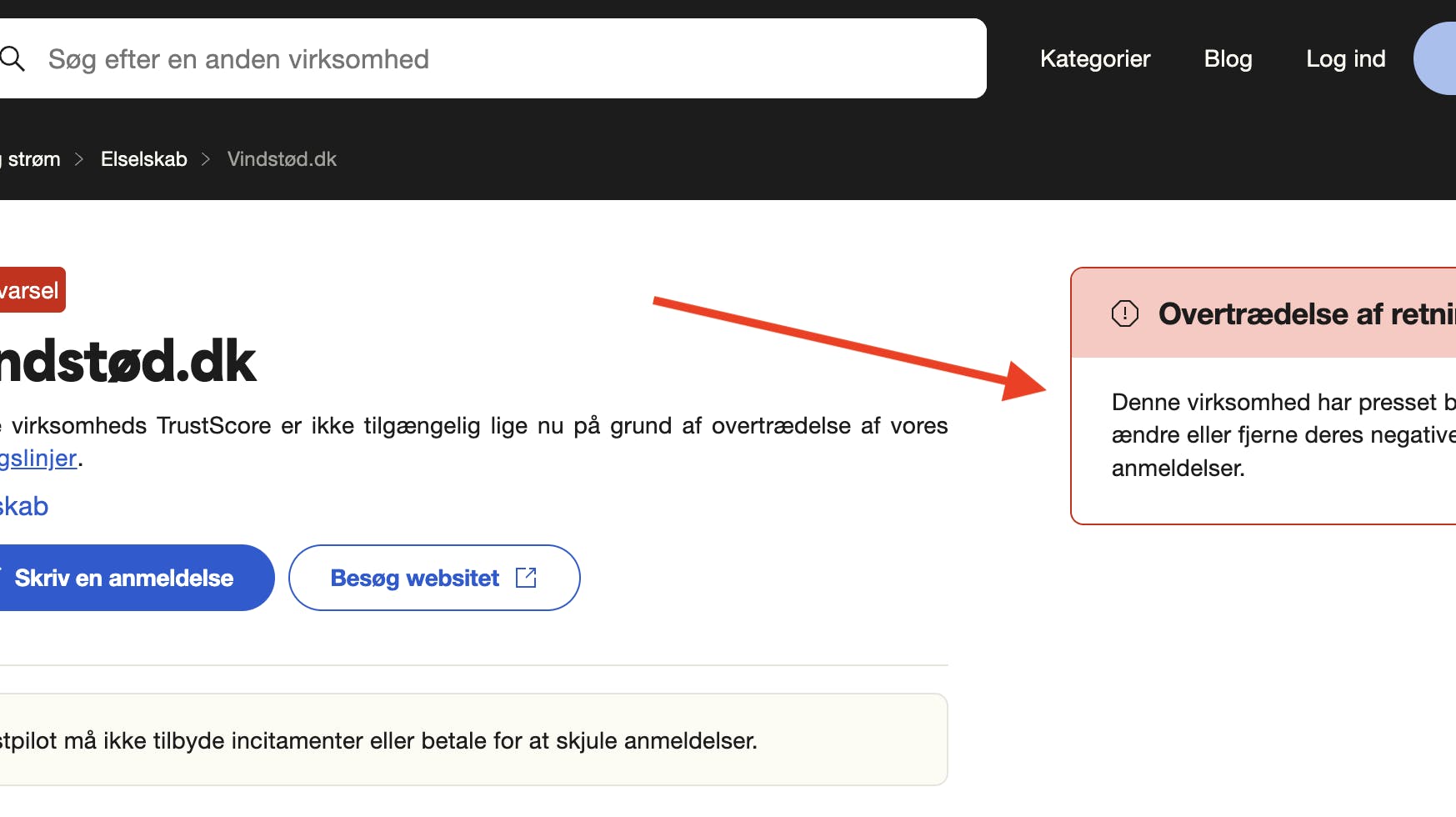 Sådan ser advarslen fra Trustpilot ud.