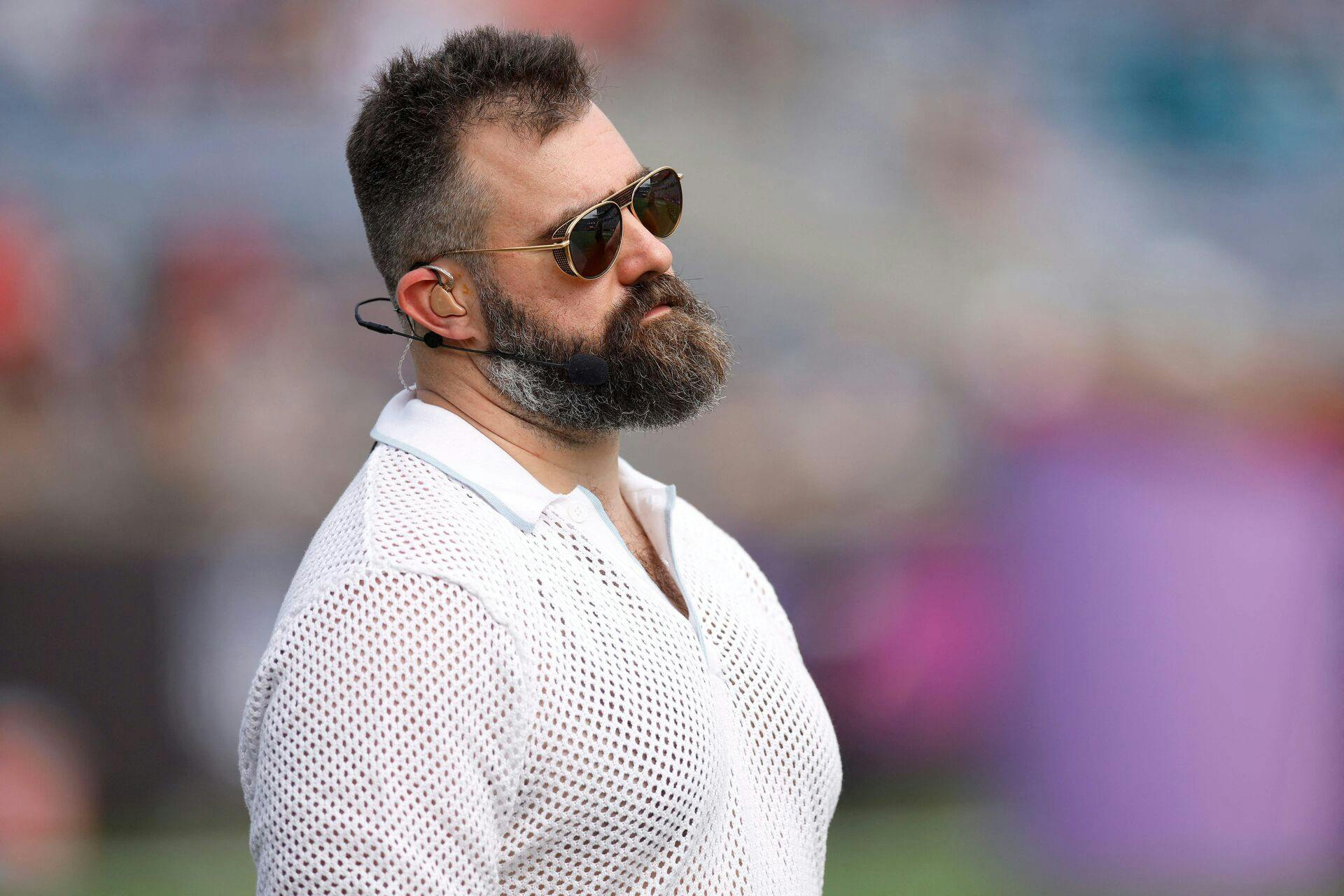 ORLANDO, FLORIDA - FEBRUARY 02: Former NFL player Jason Kelce looks on prior to the NFL Pro Bowl Games at Camping World Stadium on February 02, 2025 in Orlando, Florida. Mike Ehrmann/Getty Images/AFP (Photo by Mike Ehrmann / GETTY IMAGES NORTH AMERICA / Getty Images via AFP)