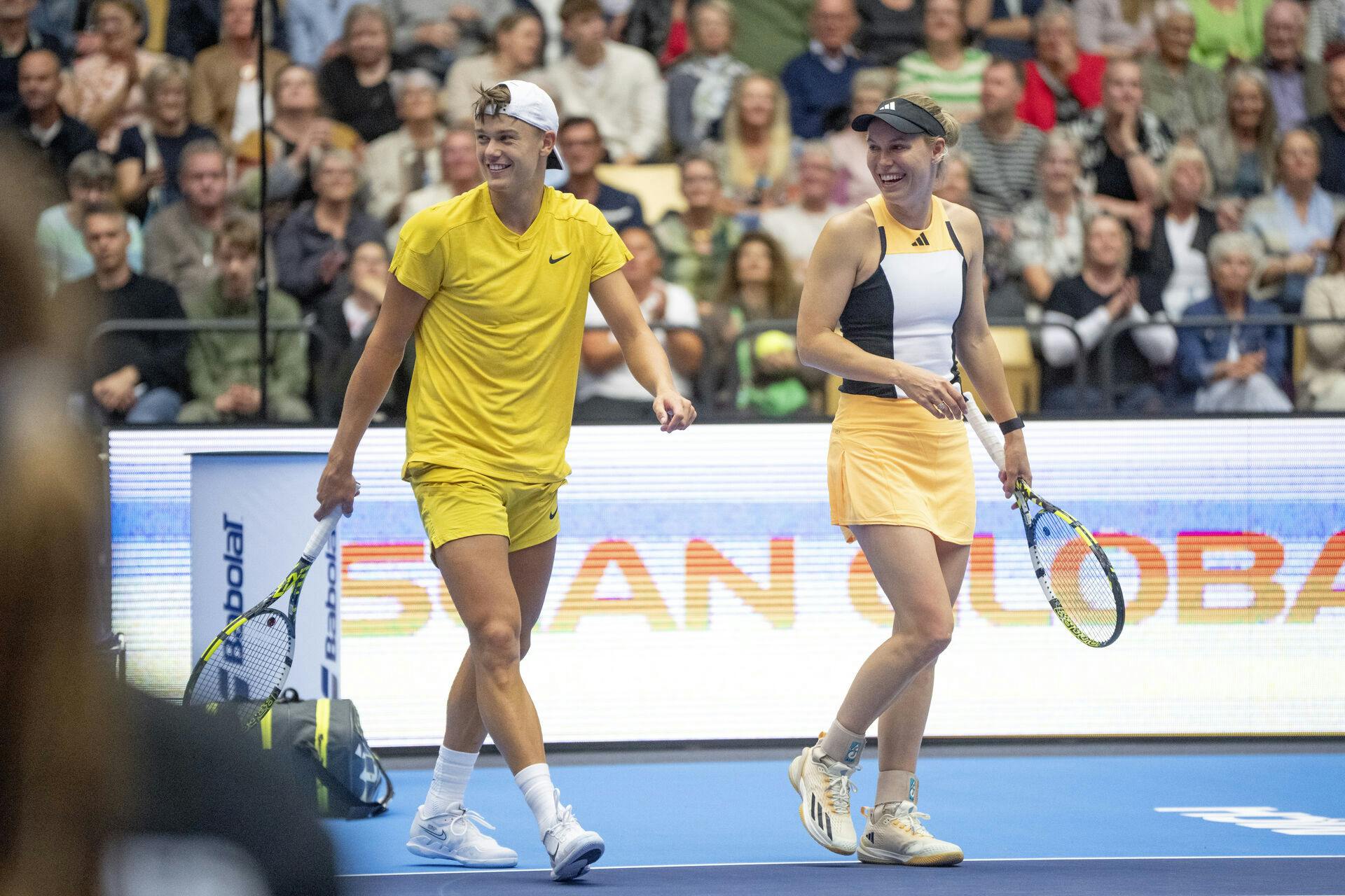 Caroline Wozniacki og Holger Rune spiller opvisningskamp mod Elina Svitolina og Gael Monfils i Jyske Bank Boxen i Herning tirsdag den 11. juni 2024. (Foto: Bo Amstrup/Ritzau Scanpix)