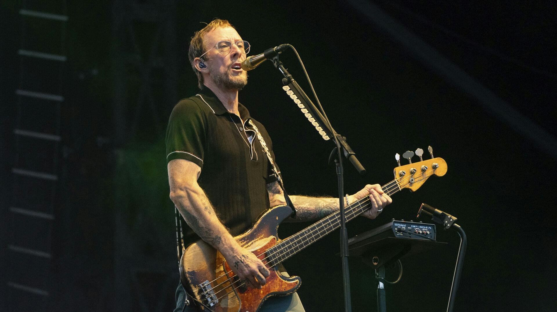 Scott Shriner of Weezer performs during Louder Than Life Music Festival on Thursday, Sept. 21, 2023, at Highland Festival Grounds in Louisville, Ky. (Photo by Amy Harris/Invision/AP)