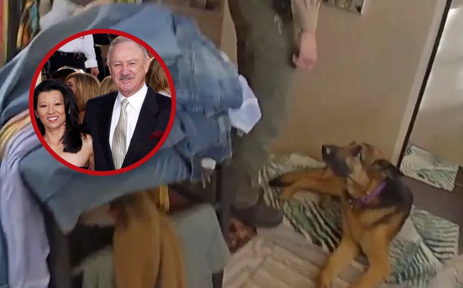 En video filmet af de betjente, der fandt Gene Hackman og hustru Betsy Arakawa død, viser, at en af parrets hunde på hjerteskærende vis vogtede over liget&nbsp;