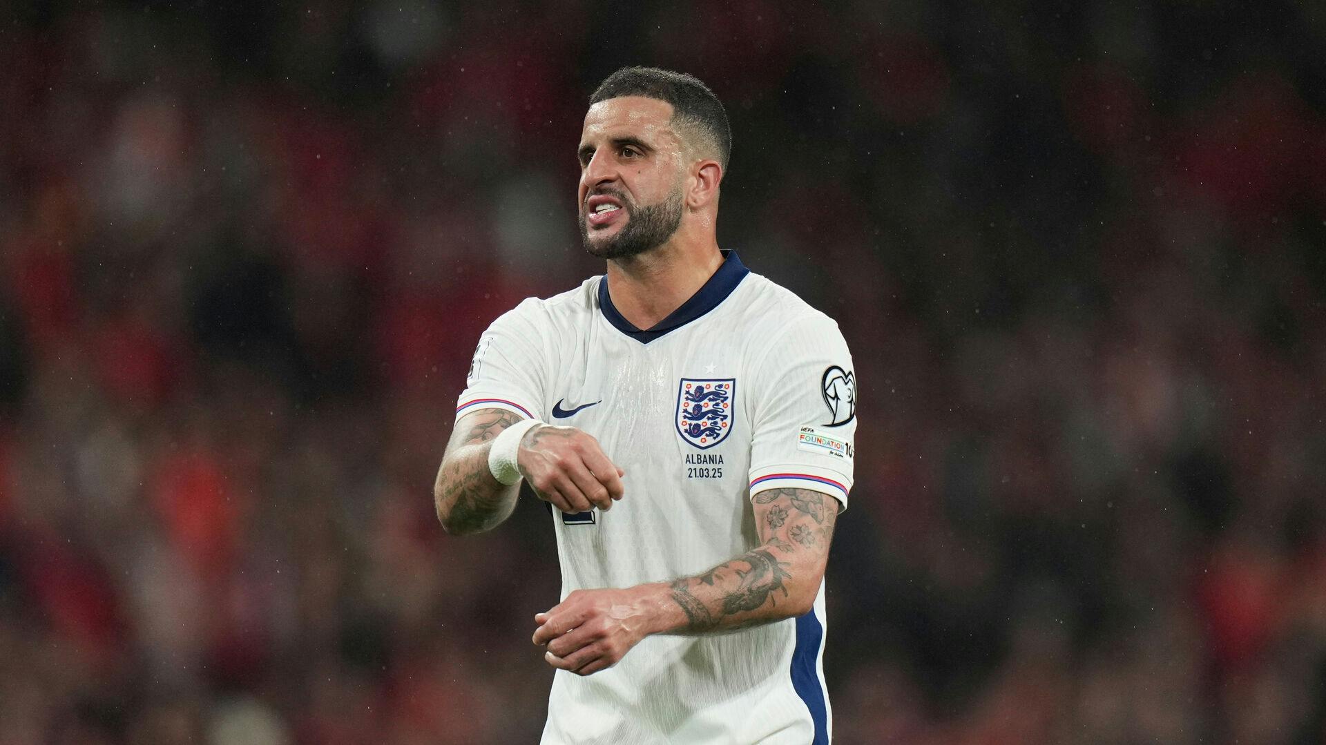 England's Kyle Walker gestures during a World Cup qualifying soccer match between England and Albania at Wembley stadium in London, Friday, March 21, 2025. (AP Photo/Alastair Grant)
