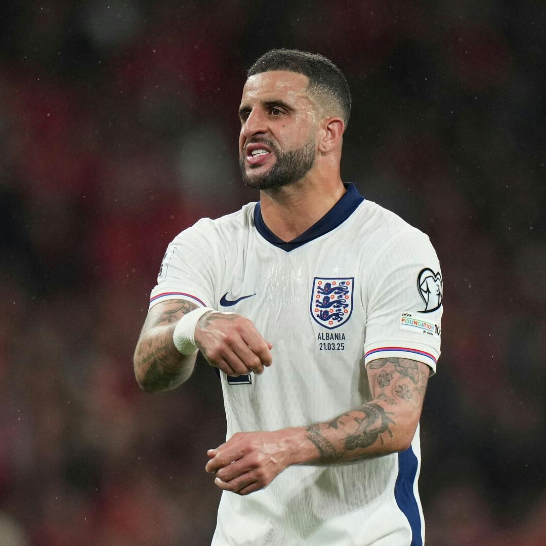England's Kyle Walker gestures during a World Cup qualifying soccer match between England and Albania at Wembley stadium in London, Friday, March 21, 2025. (AP Photo/Alastair Grant)