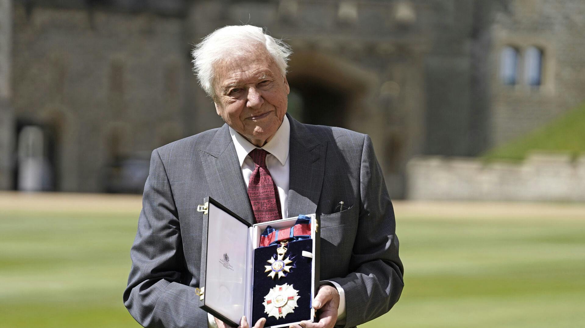 Sir David Attenborough poses for a photo after being appointed a Knight Grand Cross of the Order of St Michael and St George following an investiture ceremony at Windsor Castle, in Windsor, England, Wednesday June 8, 2022. (Jonathan Brady/Pool via AP)
