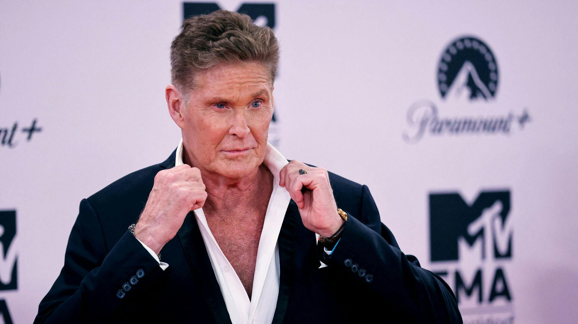 David Hasselhoff poses on the red carpet for the 2022 MTV Europe Music Awards (EMAs) at the PSD Bank Dome in Duesseldorf, Germany, November 13, 2022. REUTERS/Thilo Schmuelgen
