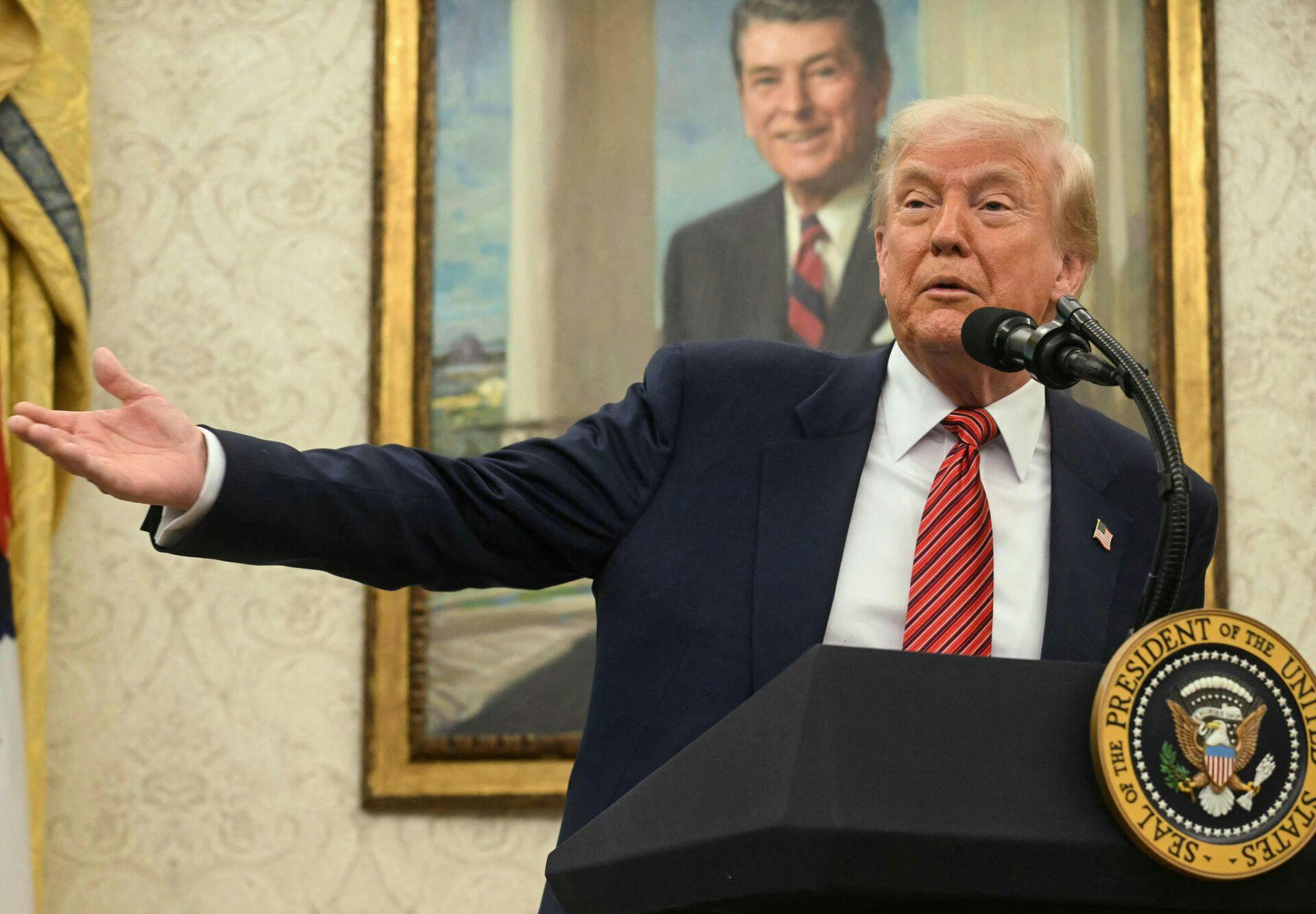 US President Donald Trump speaks during a swearing-in ceremony for the Ambassador to China, former Republican Senator of Georgia, David Perdue at the White House in Washington, DC, May 7, 2025. (Photo by Jim WATSON / AFP)
