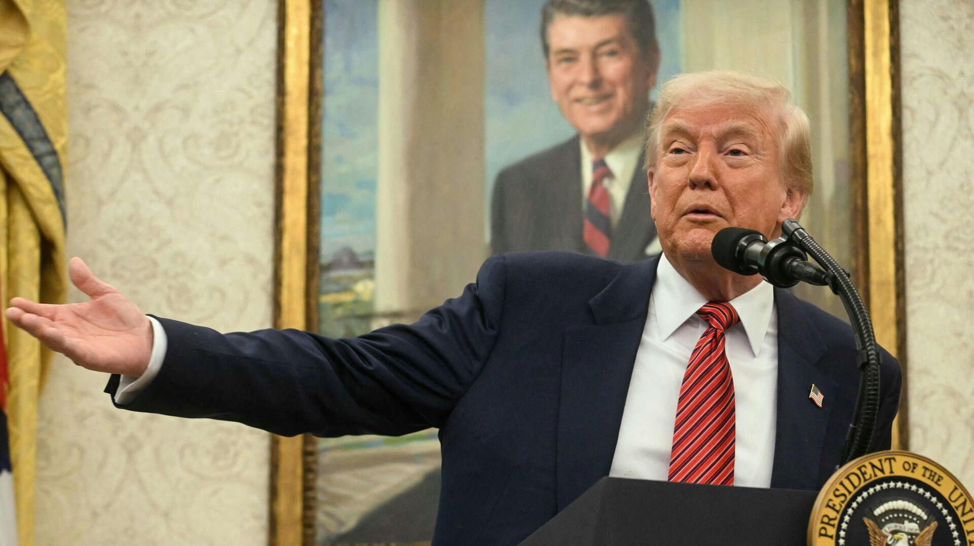 US President Donald Trump speaks during a swearing-in ceremony for the Ambassador to China, former Republican Senator of Georgia, David Perdue at the White House in Washington, DC, May 7, 2025. (Photo by Jim WATSON / AFP)