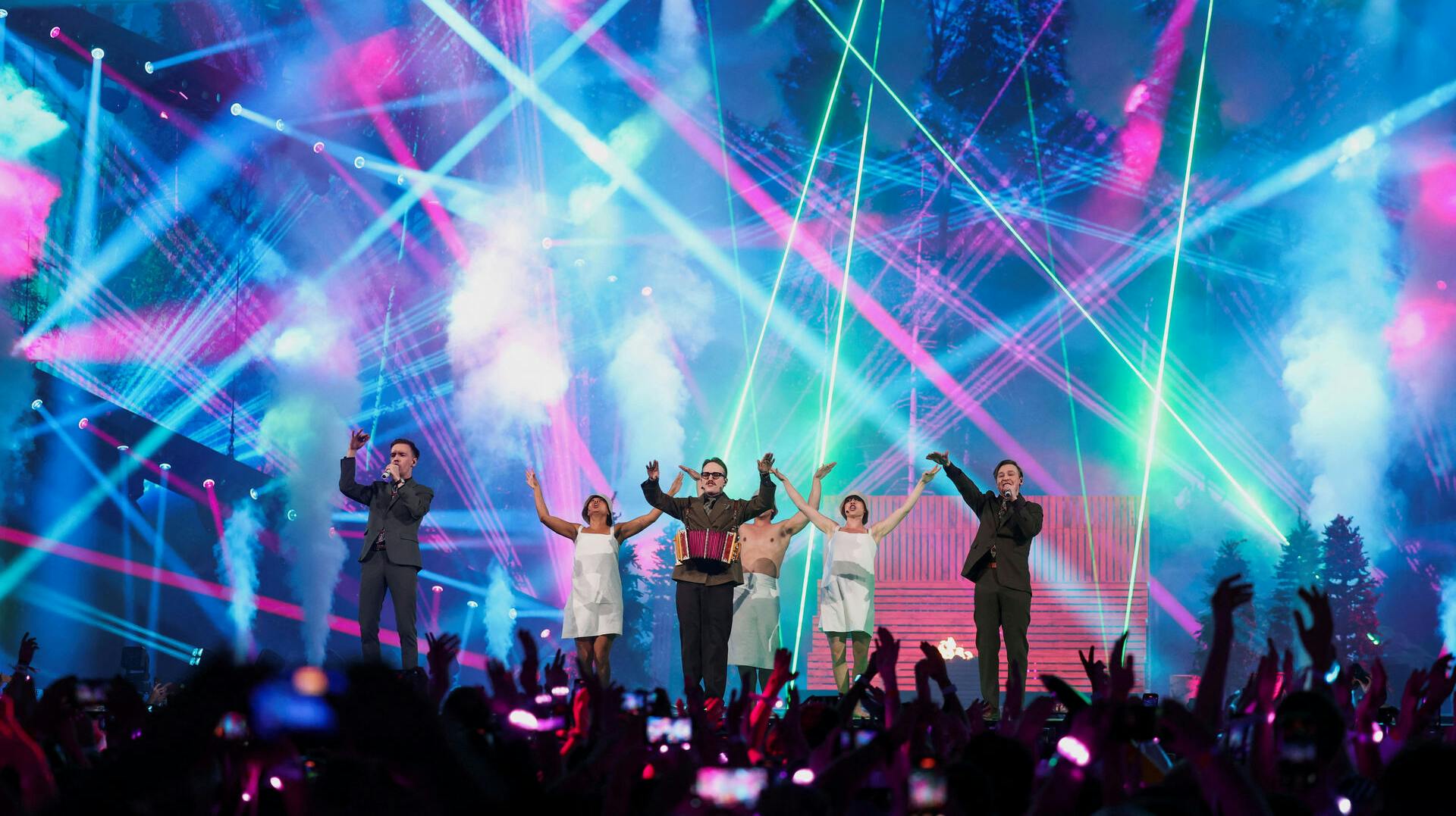 KAJ, representing Sweden, perform during the dress rehearsal 2 of the first semi-final of the 2025 Eurovision Song Contest, in Basel, Switzerland, May 12, 2025. REUTERS/Denis Balibouse