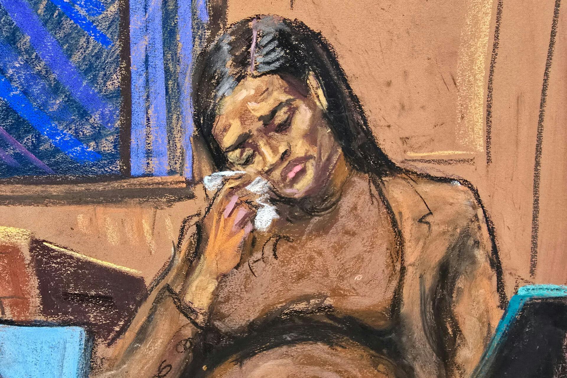 Sean "Diddy" Combs' former girlfriend Casandra "Cassie" Ventura reacts during testimony to prosecutor Emily Johnson at Combs' sex trafficking trial in New York City, New York, U.S., May 13, 2025 in this courtroom sketch. REUTERS/Jane