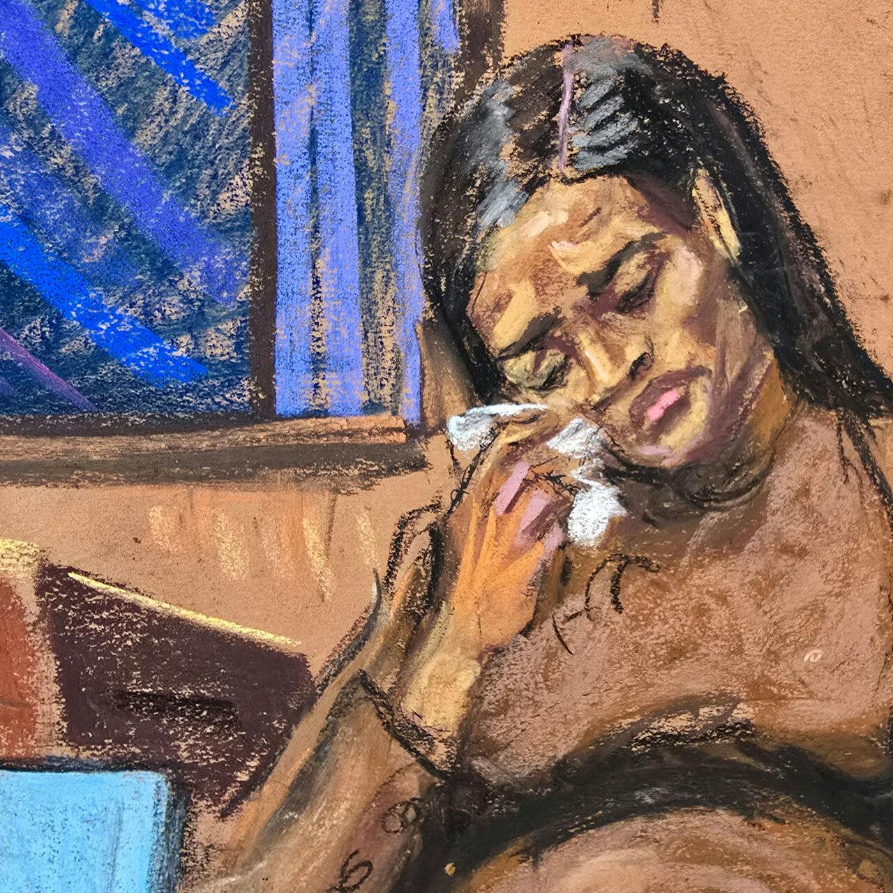 Sean "Diddy" Combs' former girlfriend Casandra "Cassie" Ventura reacts during testimony to prosecutor Emily Johnson at Combs' sex trafficking trial in New York City, New York, U.S., May 13, 2025 in this courtroom sketch. REUTERS/Jane
