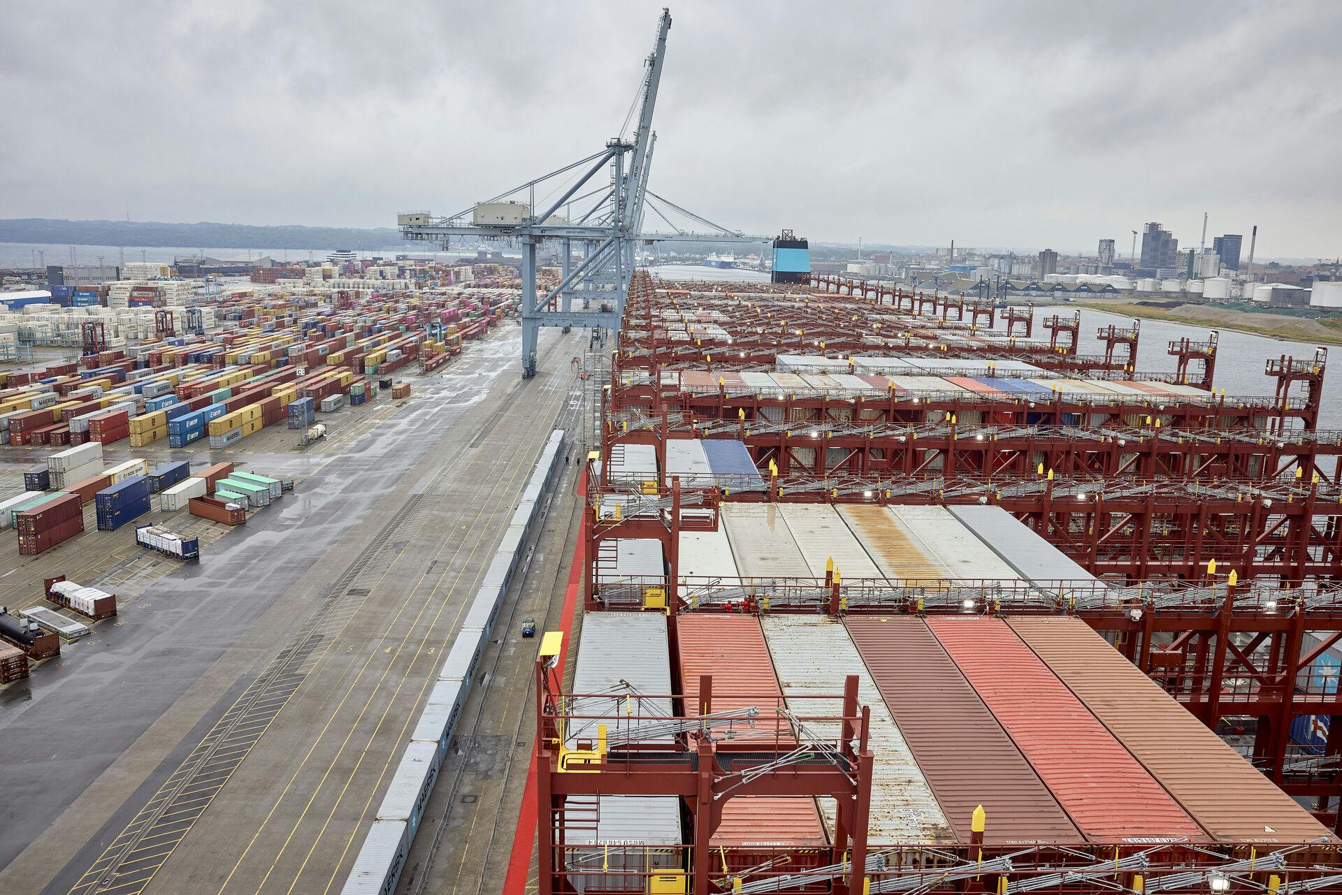 A.P. Møller - Mærsk navngiver et lav-emissions skib Antonia Mærsk i Aarhus Havn fredag den 9. august 2024. Skibet sejler på grøn metanol. (Foto: Mikkel Berg Pedersen/Scanpix 2024)