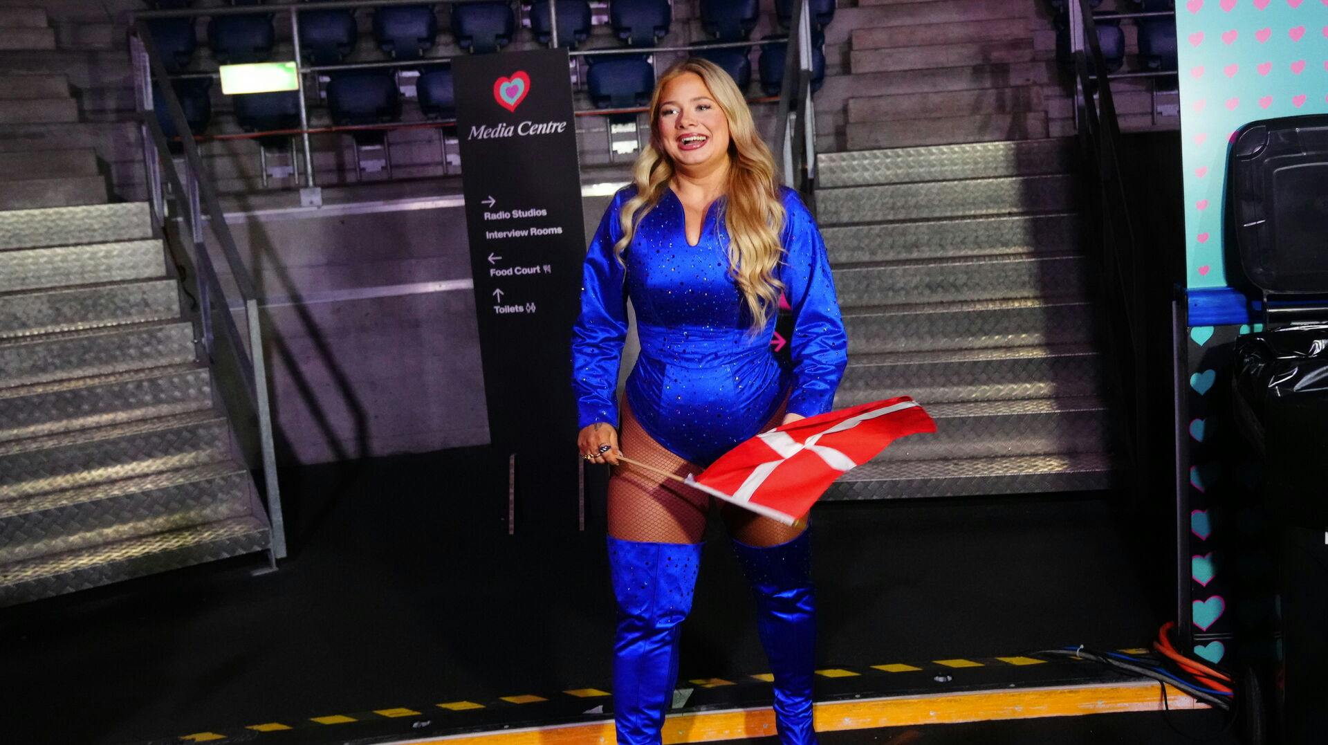 Færøske Sissal, der repræsenterer Danmark ved årets Eurovision, møder pressen efter anden semifinale i Basel, Schweiz.