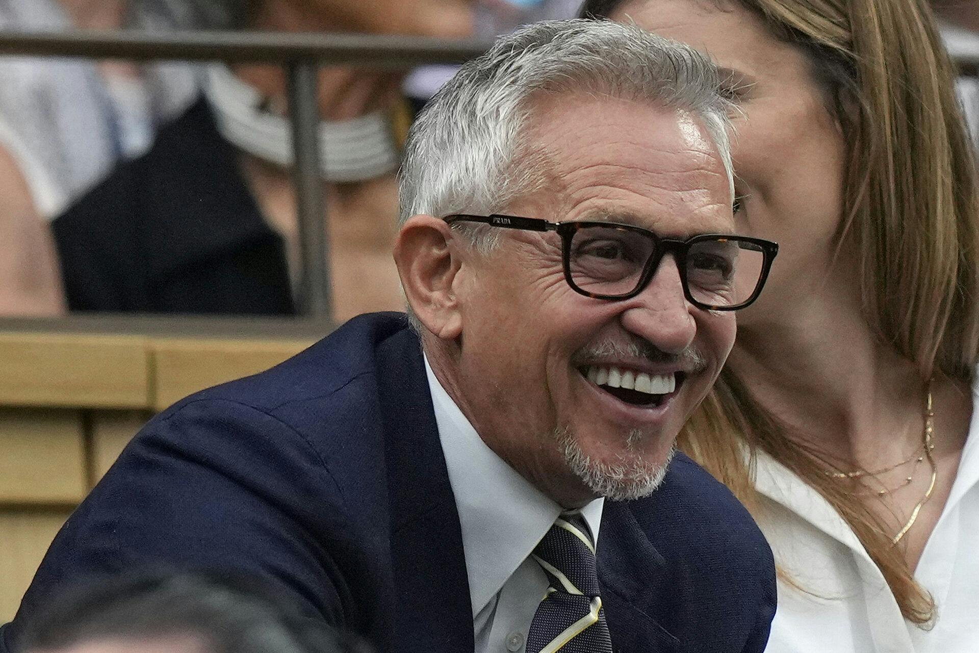 FILE - Gary Lineker, sports broadcaster and former England soccer player smiles as he takes his seat in the Royal Box on Centre Court on day six of the Wimbledon tennis championships in London, Saturday, July 8, 2023. (AP Photo/Alastair Grant, File)