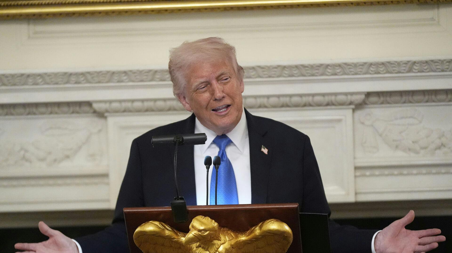 President Donald Trump speaks during a Kennedy Center board dinner in the State Dining Room at the White House, Monday, May 19, 2025, in Washington. (AP Photo/Manuel Balce Ceneta)