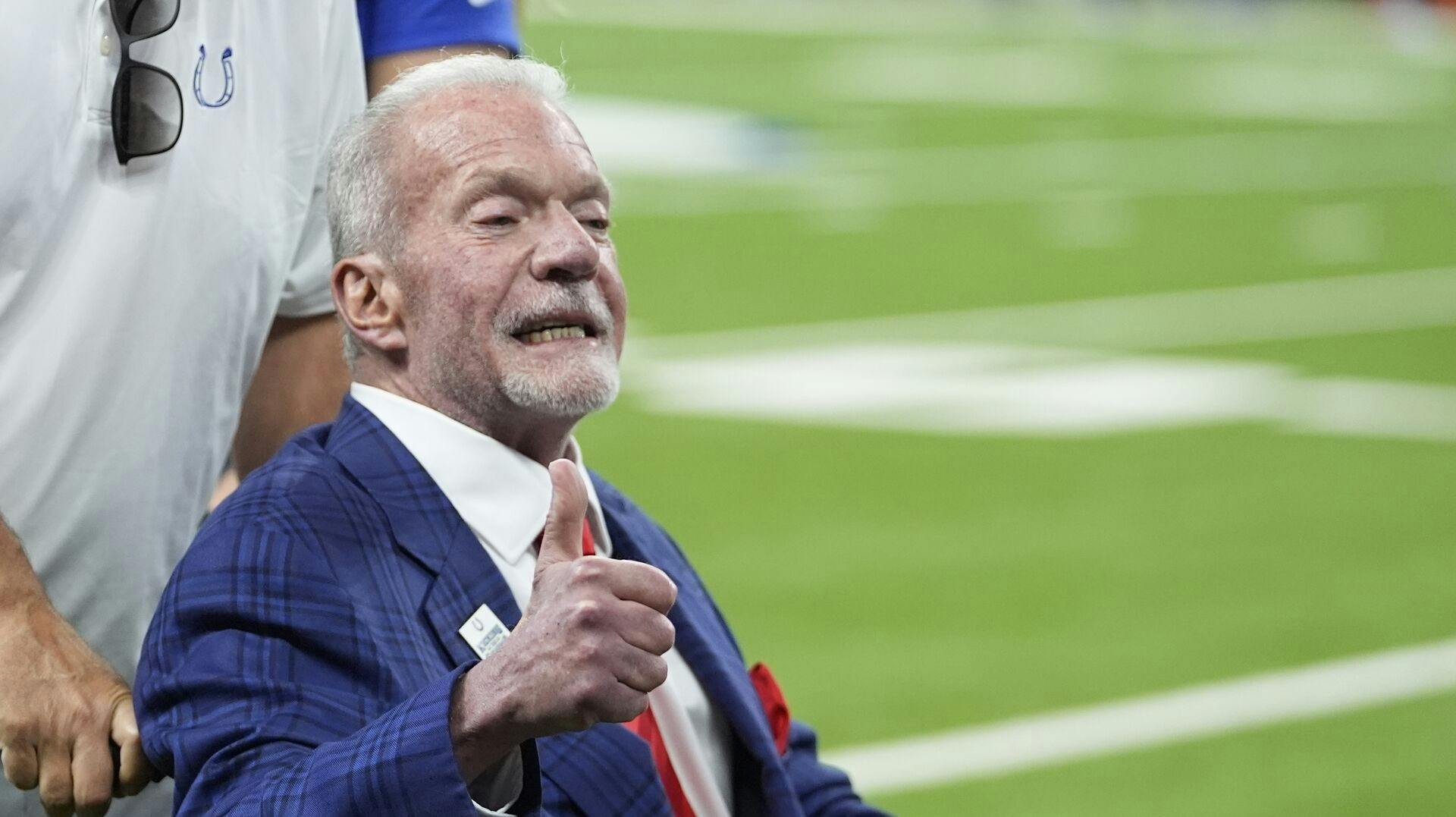 Indianapolis Colts owner Jim Irsay reacts to the fans before of an preseason NFL football game against the Denver Broncos, Sunday, Aug. 11, 2024, in Indianapolis. (AP Photo/Darron Cummings)
