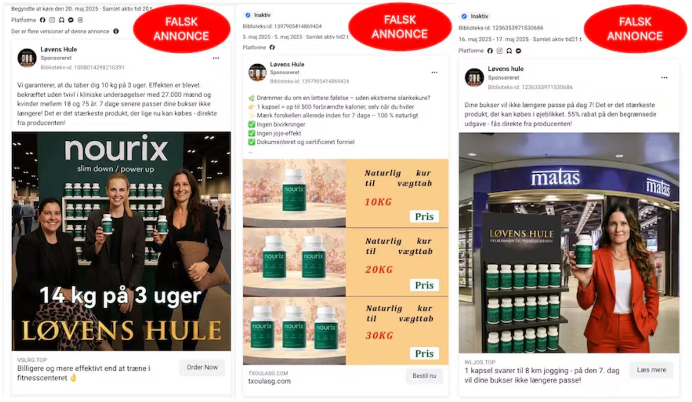 Falske annoncer, der udgiver sig for at have "Løvens hule"-ansigter som afsendere.