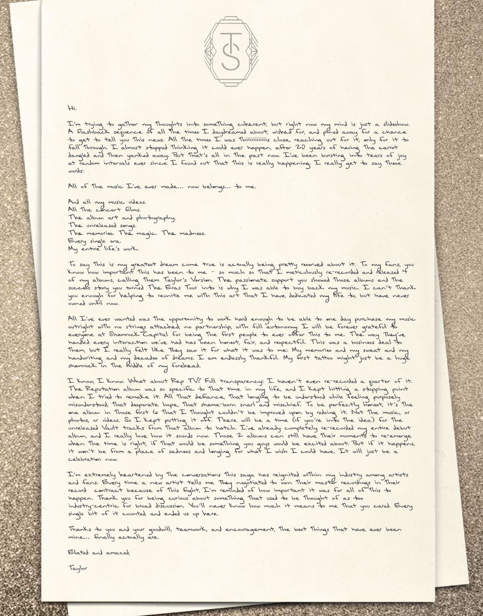 Sådan ser det lange brev ud, som Taylor Swift har delt på sin officielle hjemmeside.