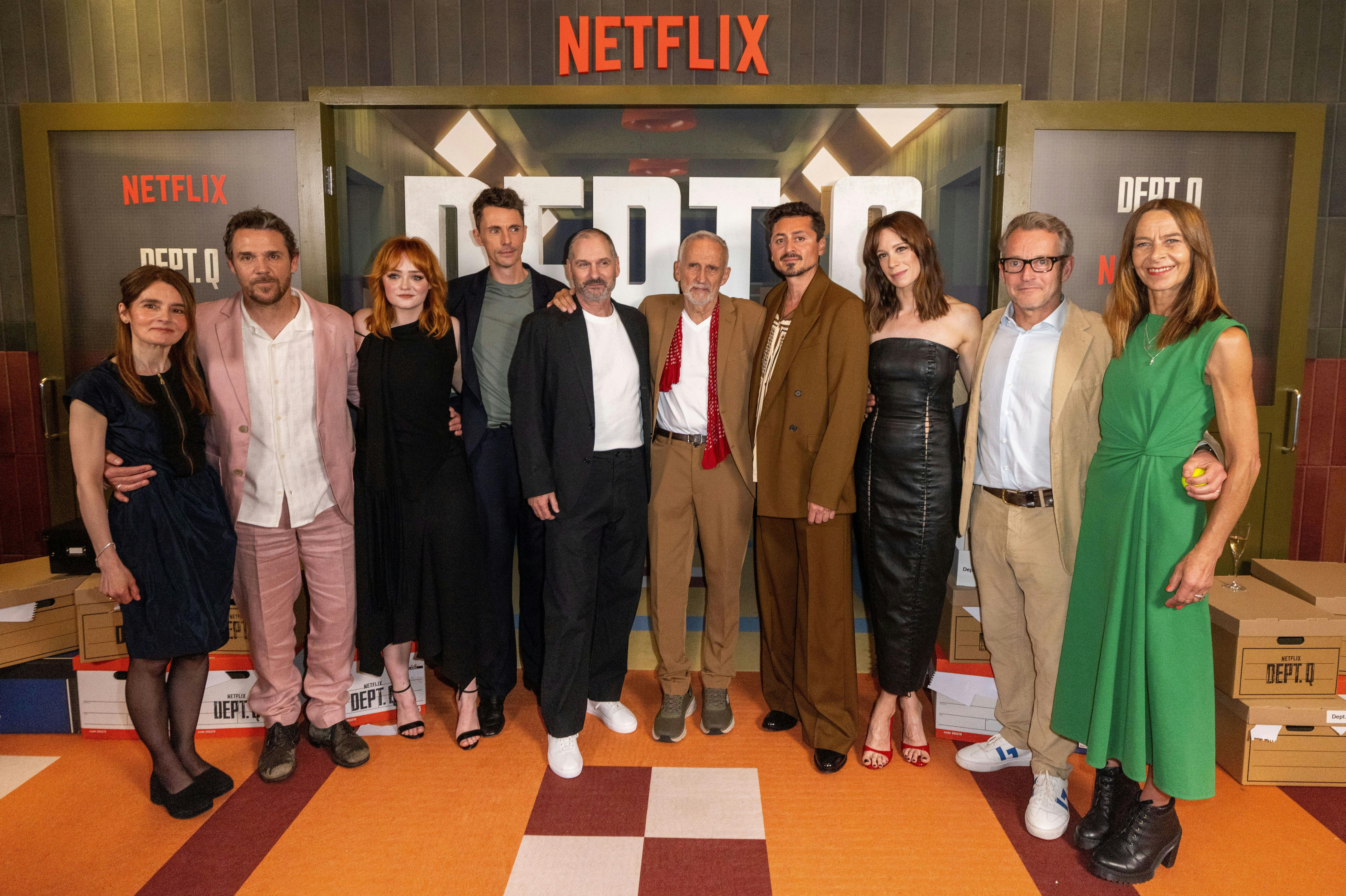 (L to R) Shirley Henderson, Jamie Sives, Leah Byrne, Matthew Goode, Scott Frank, Jussi Adler-Olsen, Alexej Manvelov, Chloe Pirrie, Rob Bullock and Kate Dickie attend the "Dept. Q" UK Special Screening at The Ham Yard Hotel on May 27, 2025 in London, England.