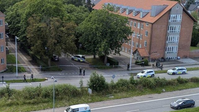 Det voldsomme drab fandt sted op ad vejen, hvor en enkelt politibil holder. Den formodede gerningsmand er netop blevet fremstillet i grundlovsforhør.