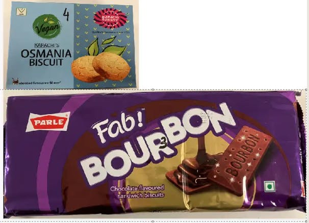 Øverste billede: Osmania biscuits, Nederste billede: Bourbon chocolate flavoured sandwich biscuits
