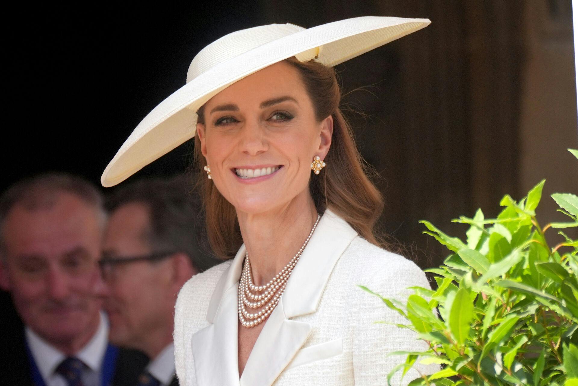 Britain's Kate, Princess of Wales attends the Order Of The Garter Service at Windsor Castle, Windsor, England, Monday, June 16, 2025. (Yui Mok/Pool via AP)