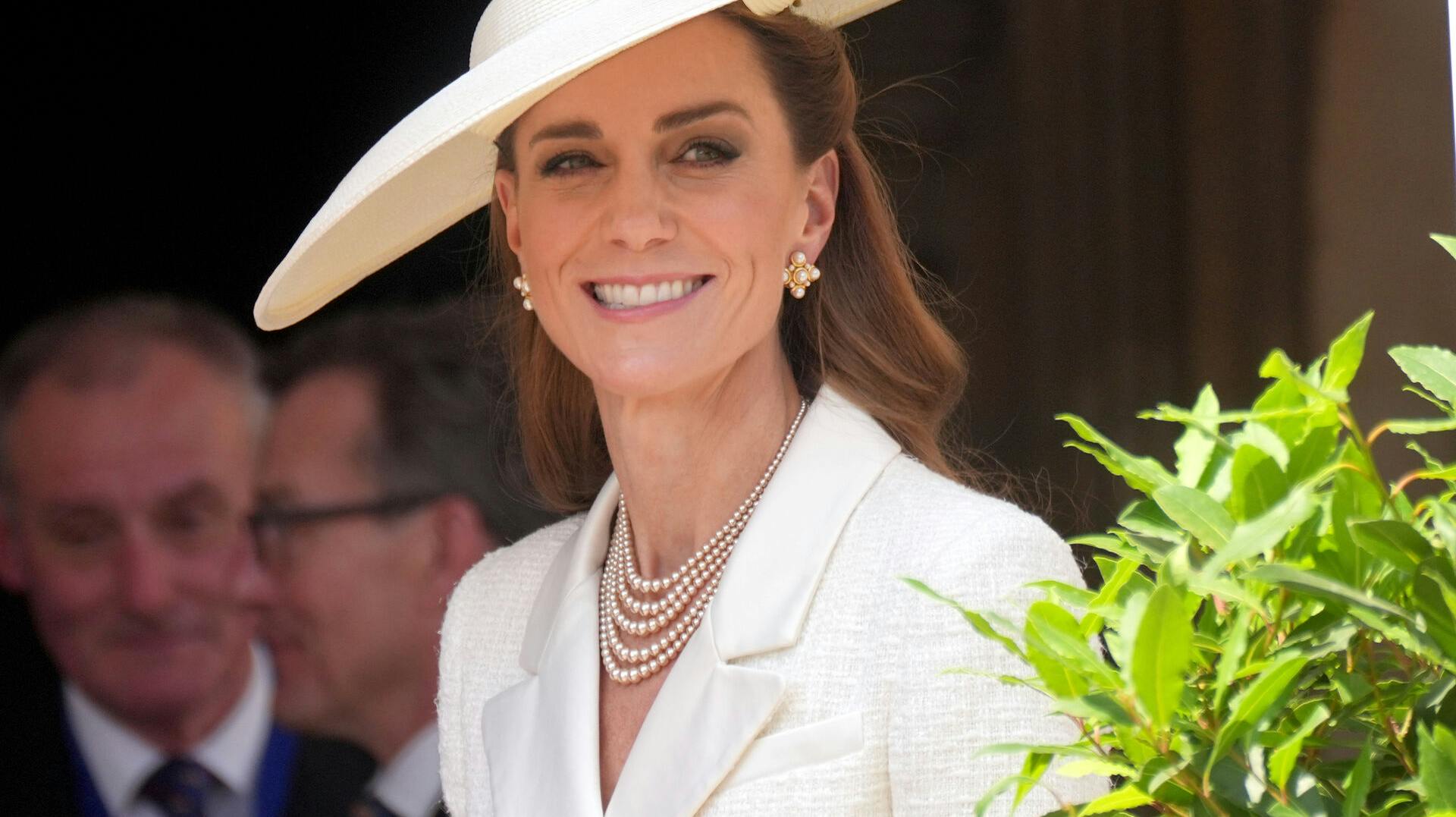 Britain's Kate, Princess of Wales attends the Order Of The Garter Service at Windsor Castle, Windsor, England, Monday, June 16, 2025. (Yui Mok/Pool via AP)
