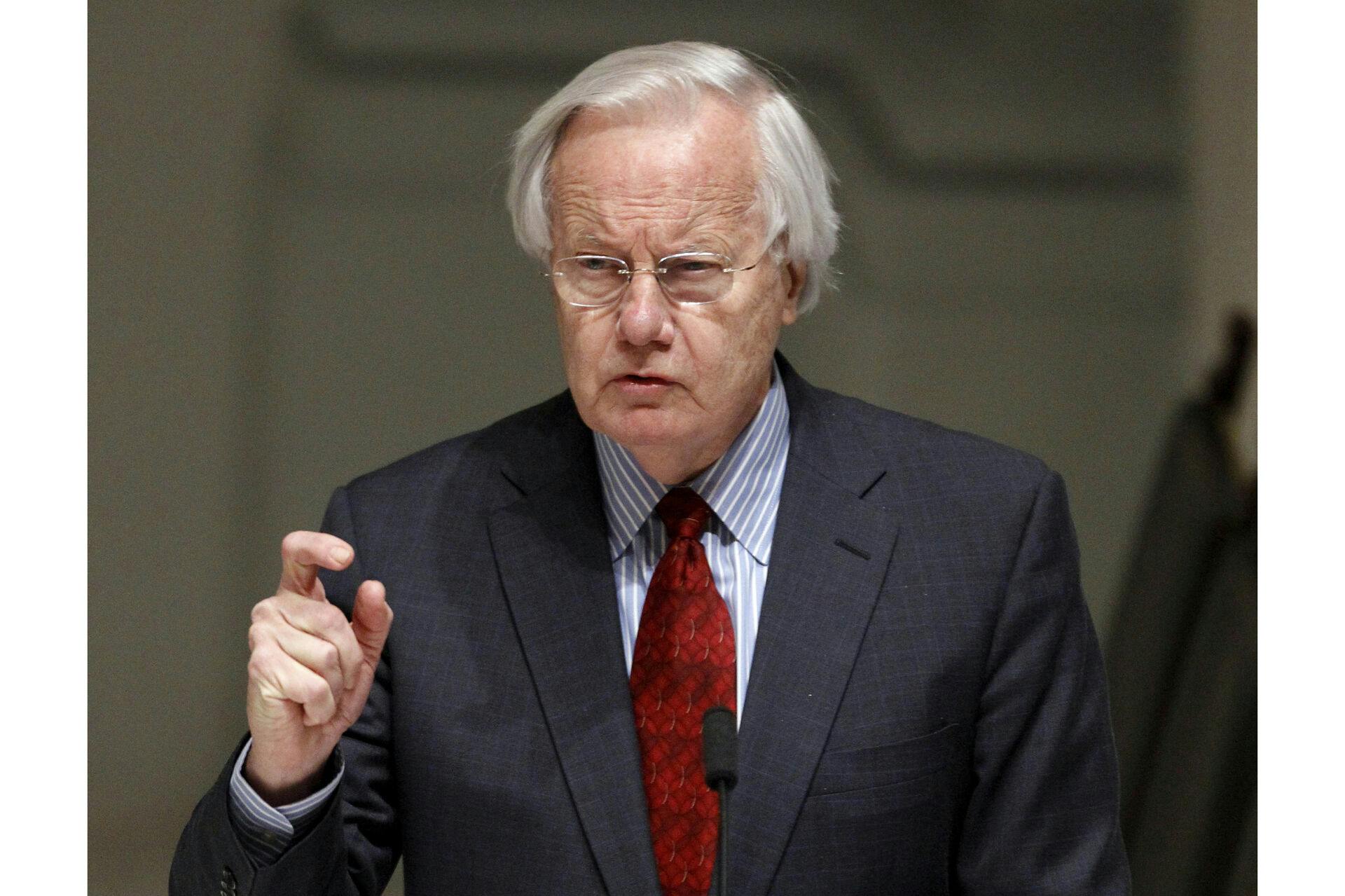 FILE - Bill Moyers speaks during the wake for R. Sargent Shriver in Washington on Jan. 21, 2011. (AP Photo/Alex Brandon, File)