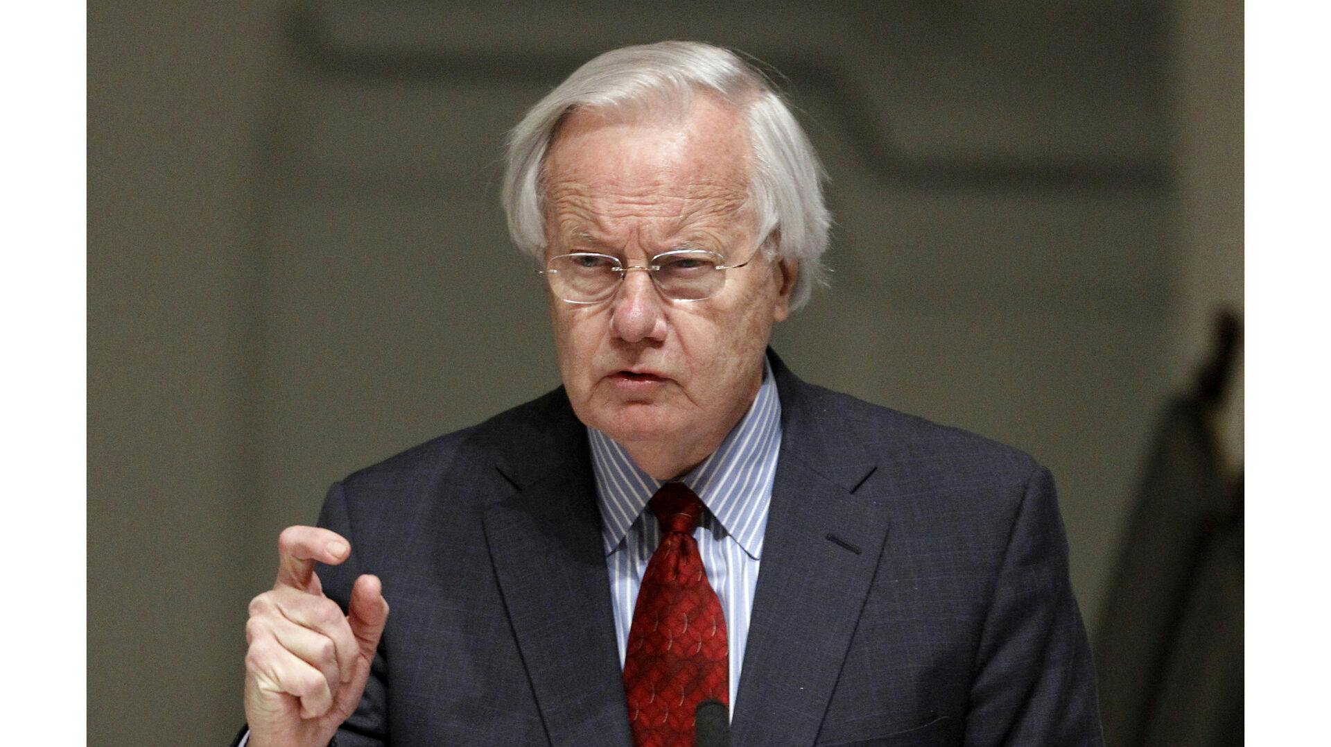 FILE - Bill Moyers speaks during the wake for R. Sargent Shriver in Washington on Jan. 21, 2011. (AP Photo/Alex Brandon, File)