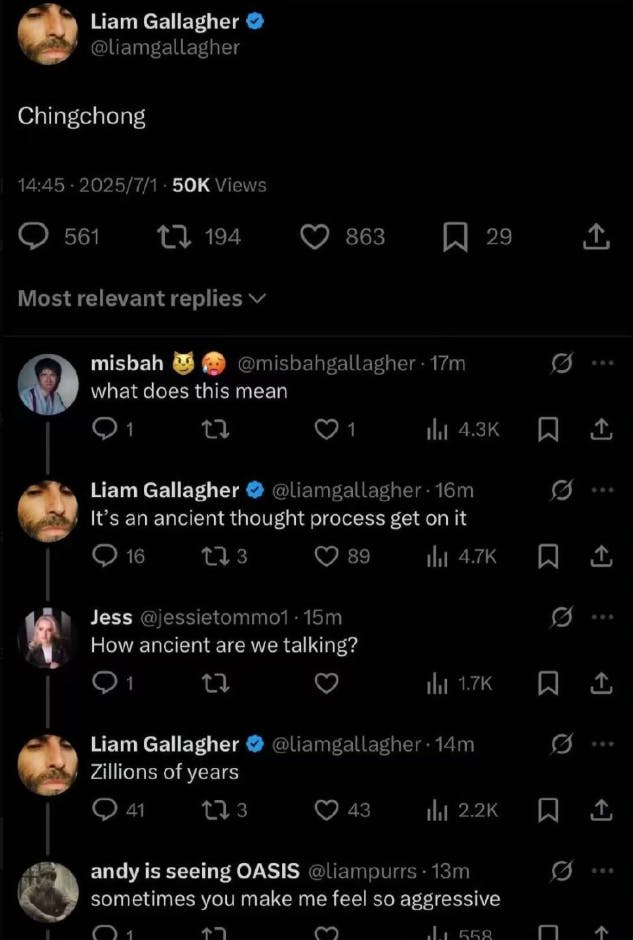 Liam Gallagher er kommet i modvind efter dette opslag på X.