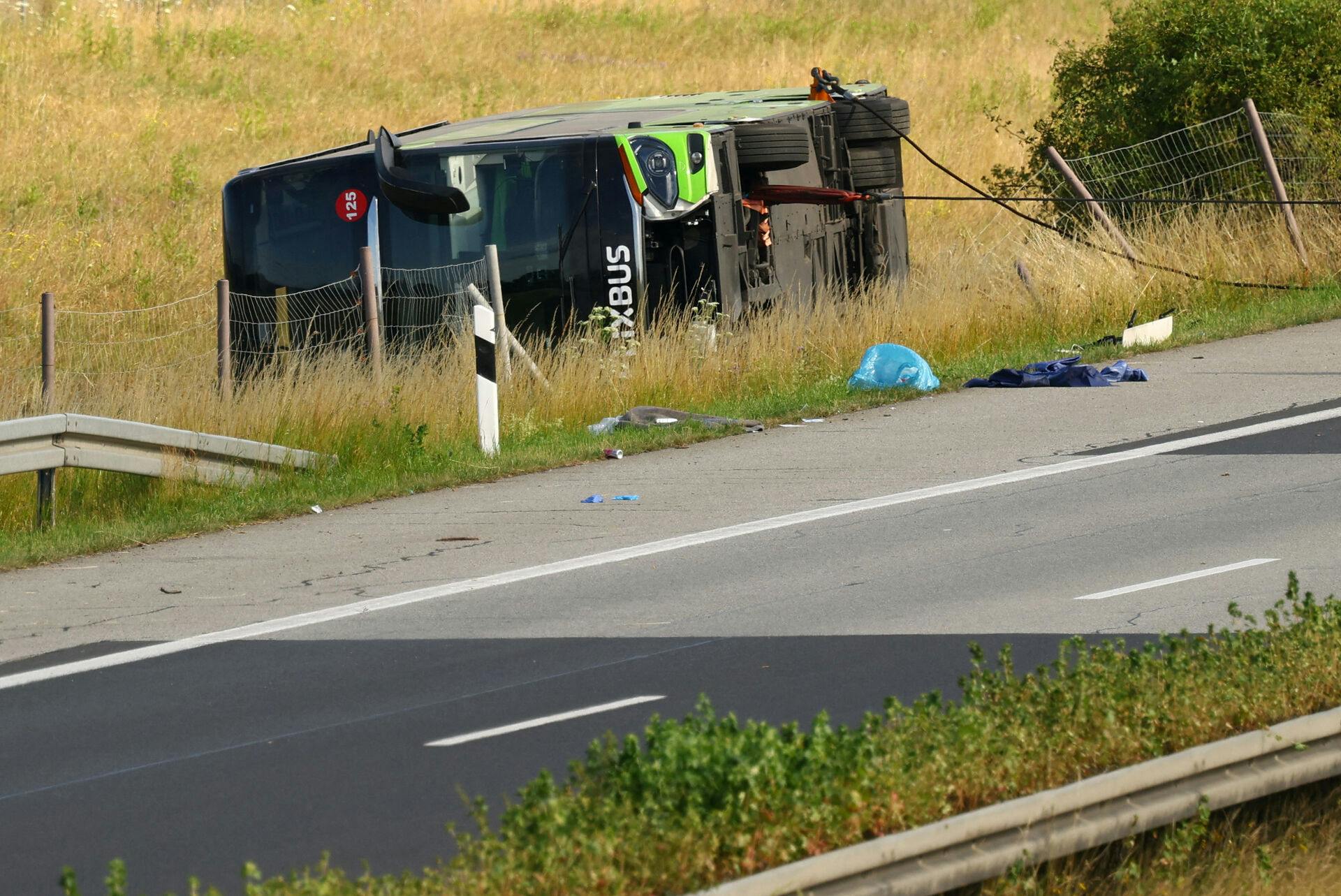 A view of the scene of a crashed FlixBus bus that was en route from Copenhagen to Berlin, on the A19 highway in Mecklenburg-Western Pomerania, Germany July 4, 2025. REUTERS/Lisi Niesner