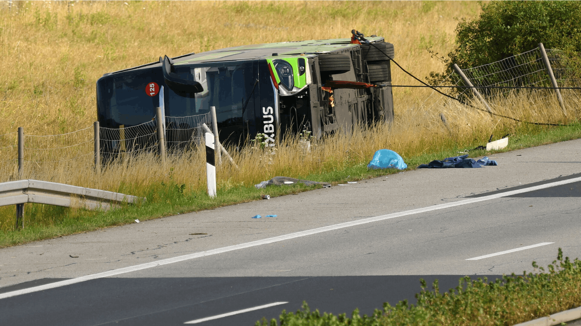 A view of the scene of a crashed FlixBus bus that was en route from Copenhagen to Berlin, on the A19 highway in Mecklenburg-Western Pomerania, Germany July 4, 2025. REUTERS/Lisi Niesner