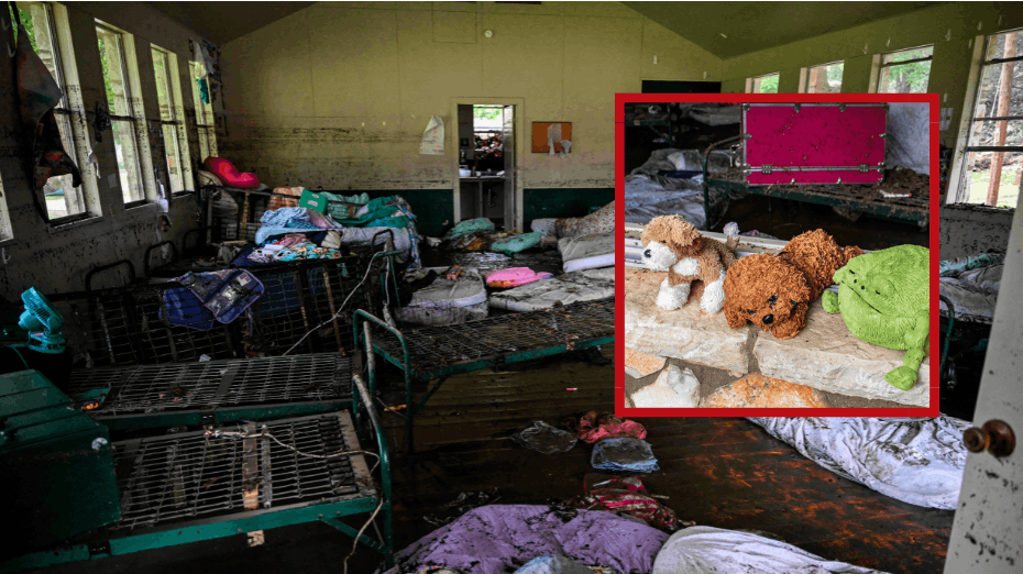 Flere af Camp Mystic-pigernes tøjbamser ligger nu tilbage i ruinerne.´- pigerne nåede aldrig at få dem med, før vandet kom.