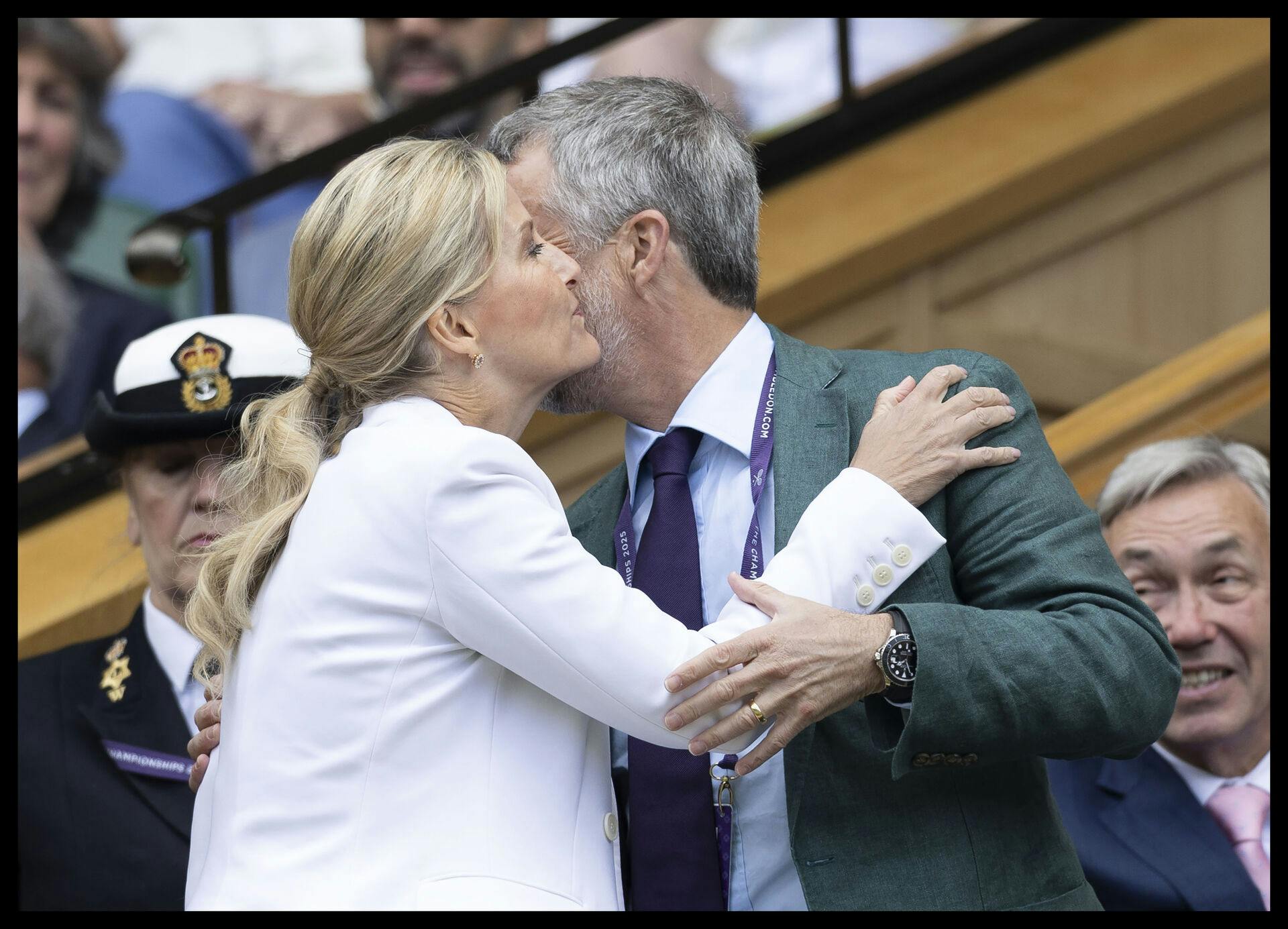 Image Licensed to i-Images / Polaris) Picture Agency. 07/07/2025. London, United Kingdom: Sophie, Duchess of Edinburgh and King Frederik of Denmark in the Royal Box on day eight of the Wimbledon Tennis Championships in London. (Stephen Lock / i-Images / Polaris)